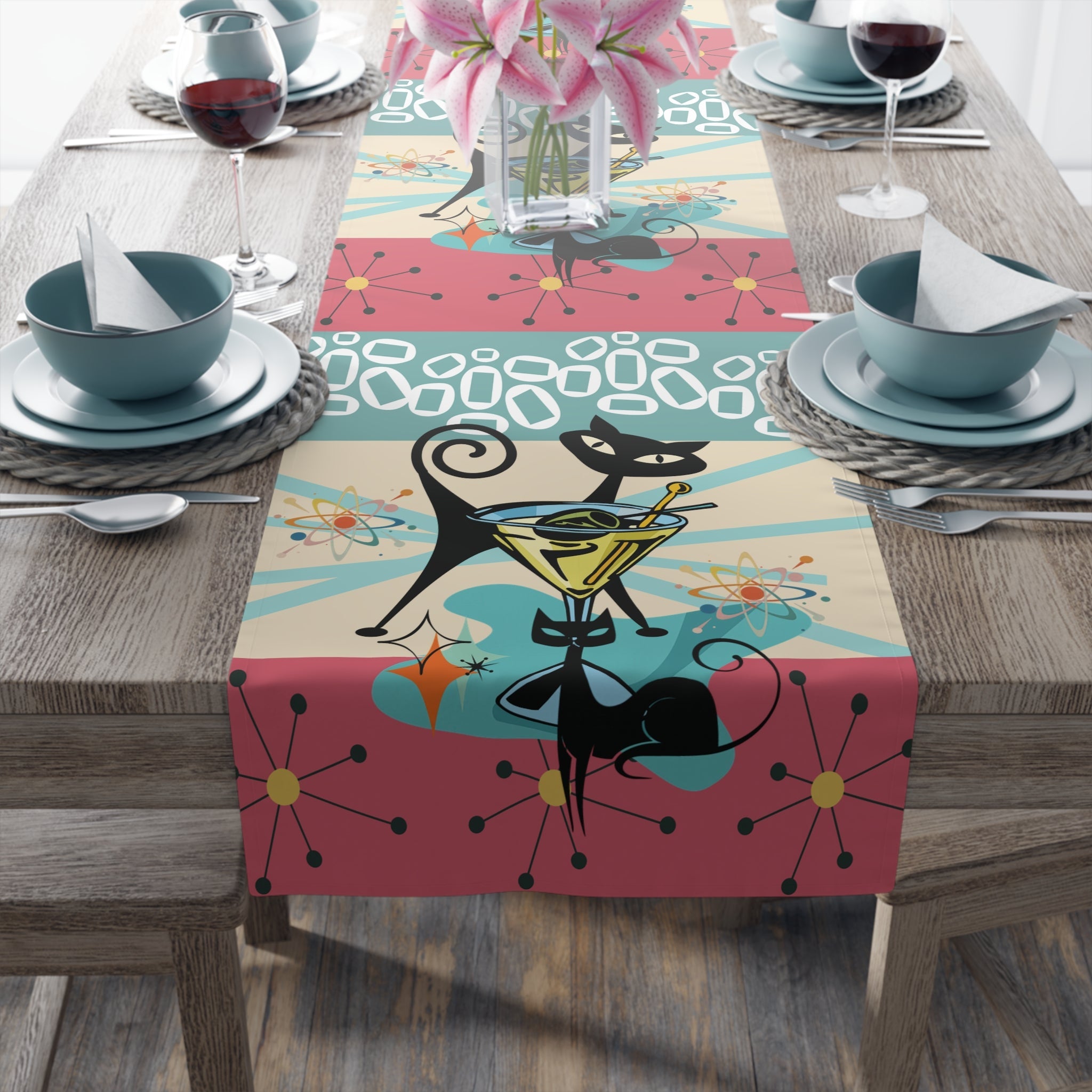 Kate McEnroe New York Atomic Cat Martini MCM Table Runner, Retro Mid Century Modern Sputnik Barware Dining AccentTable Runners33543960739503635052
