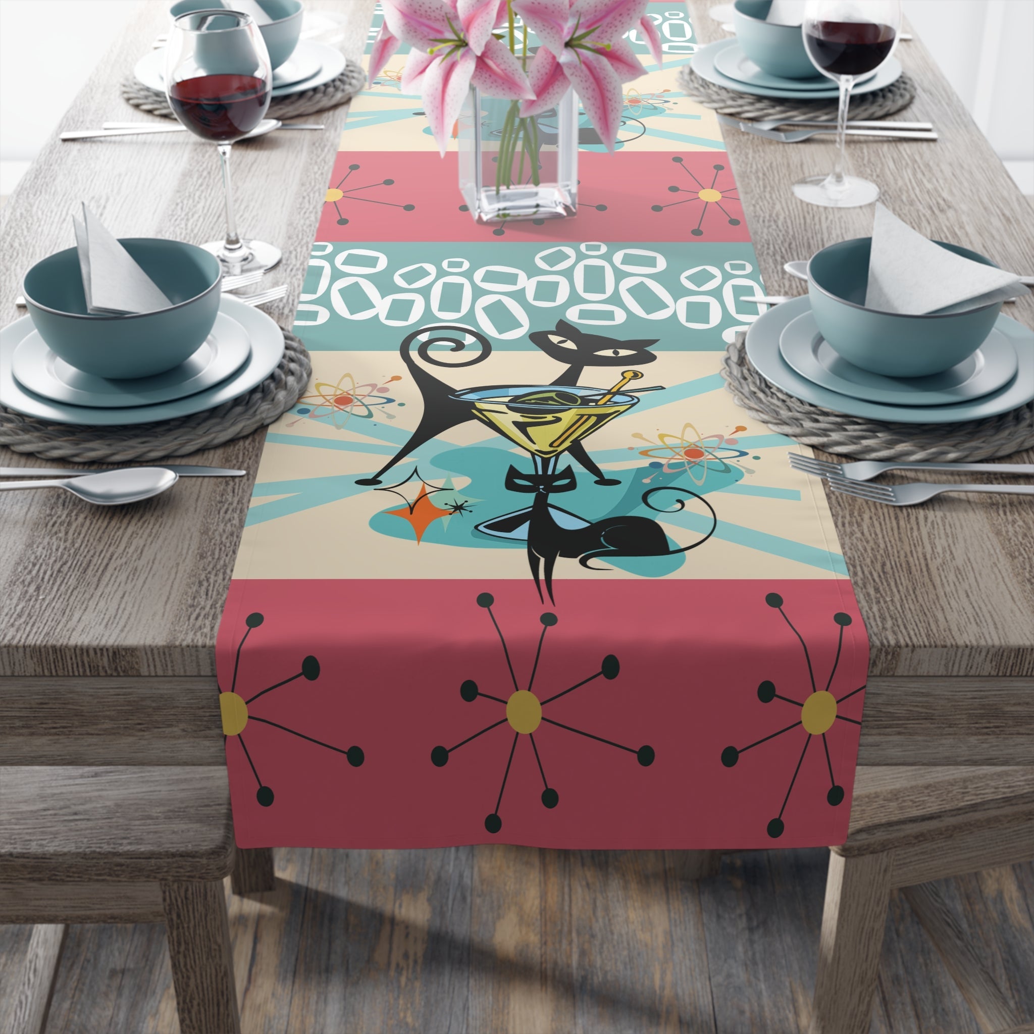 Kate McEnroe New York Atomic Cat Martini MCM Table Runner, Retro Mid Century Modern Sputnik Barware Dining AccentTable Runners33543960739503635052