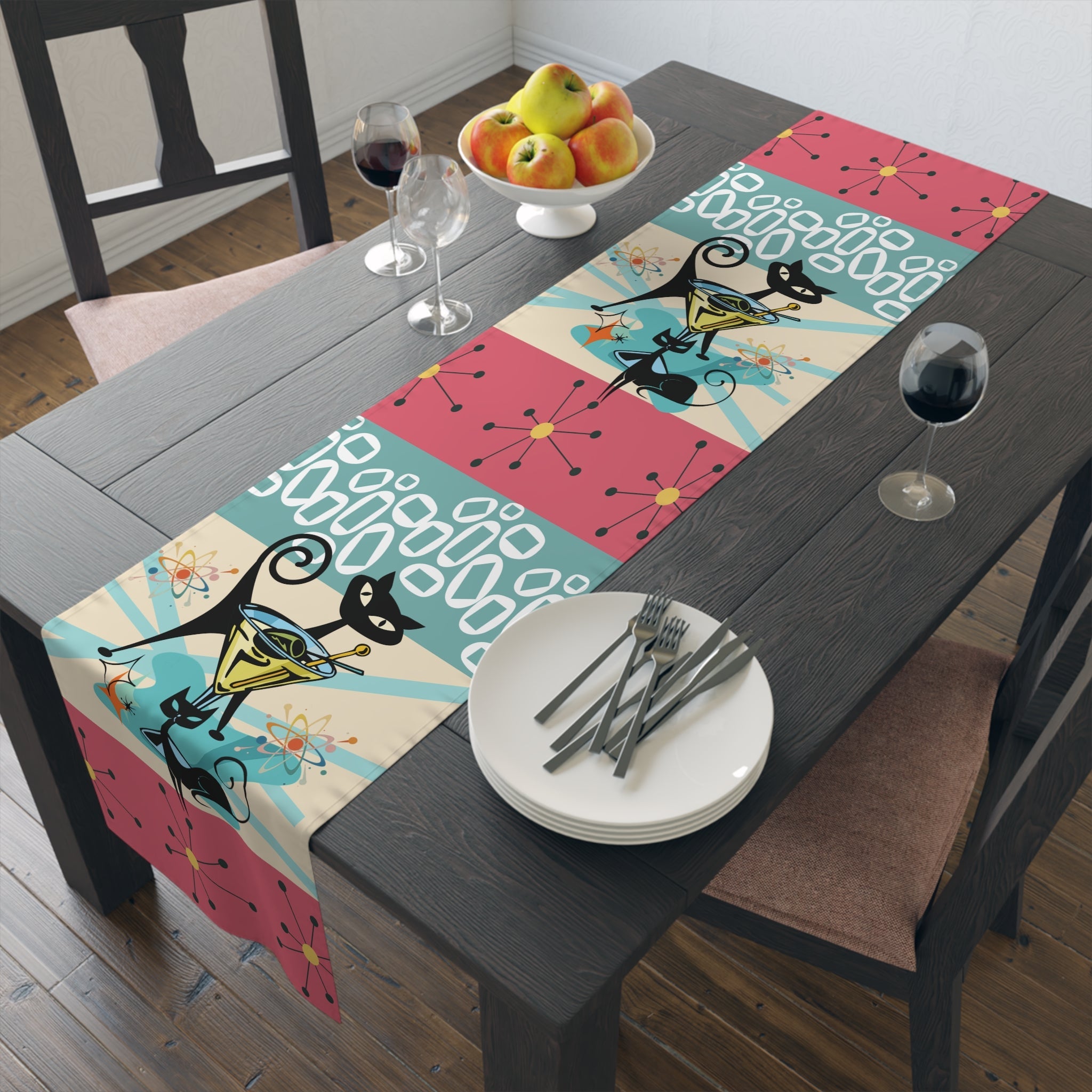 Kate McEnroe New York Atomic Cat Martini MCM Table Runner, Retro Mid Century Modern Sputnik Barware Dining AccentTable Runners34307005989804993850
