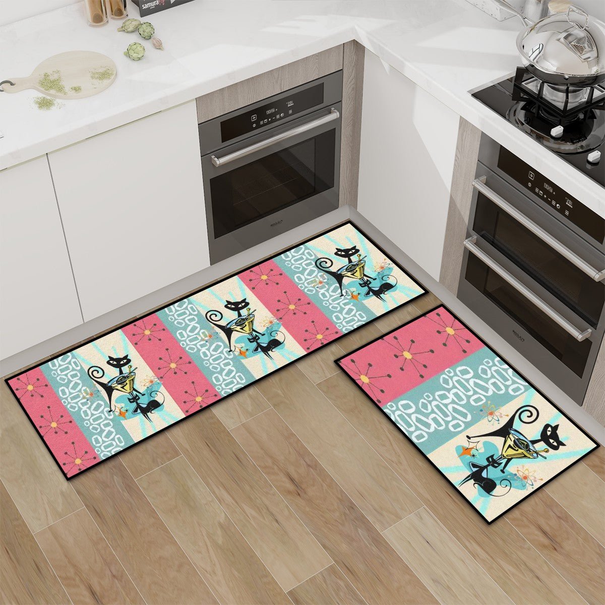 Kate McEnroe New York Atomic Cat Martini Mid Century Modern Retro Kitchen Rug SetKitchen Floor MatsFImMlQYlwW