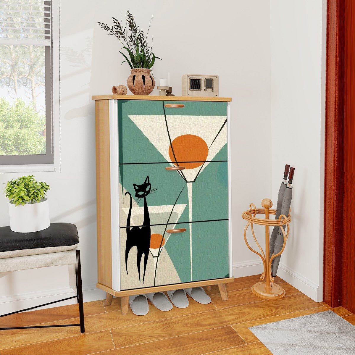 Kate McEnroe New York Atomic Cat Martini Shoe Cabinet, Mid Century Modern Cocktail Hour DesignShoe Storage2S7G66cMJe