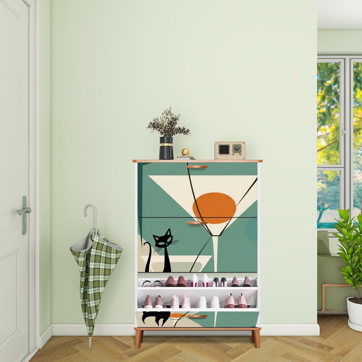 Kate McEnroe New York Atomic Cat Martini Shoe Cabinet, Mid Century Modern Cocktail Hour DesignShoe Storage2S7G66cMJe