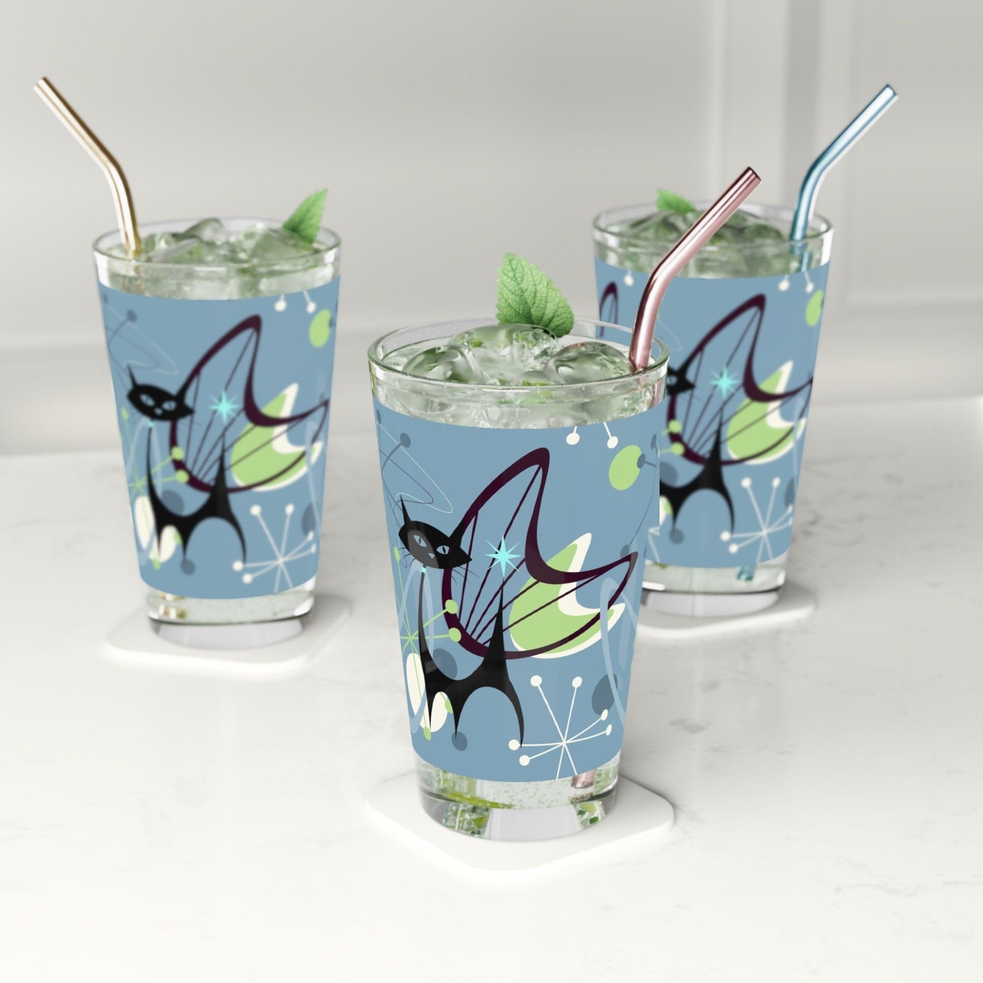 Kate McEnroe New York Atomic Cat Mid Century 16oz Pint Glass, Retro MCM BarwareBeer Glasses13656334988454249416
