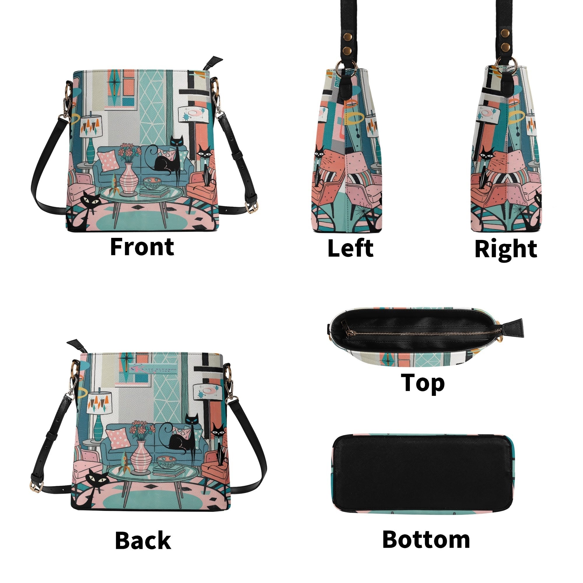 Kate McEnroe New York Atomic Cat Mid Century Bucket Bag, Retro 50s MCM Lounge Scene Purse, Kitschy Mod Shoulder BagHandbagsNRQ38XGY - 1