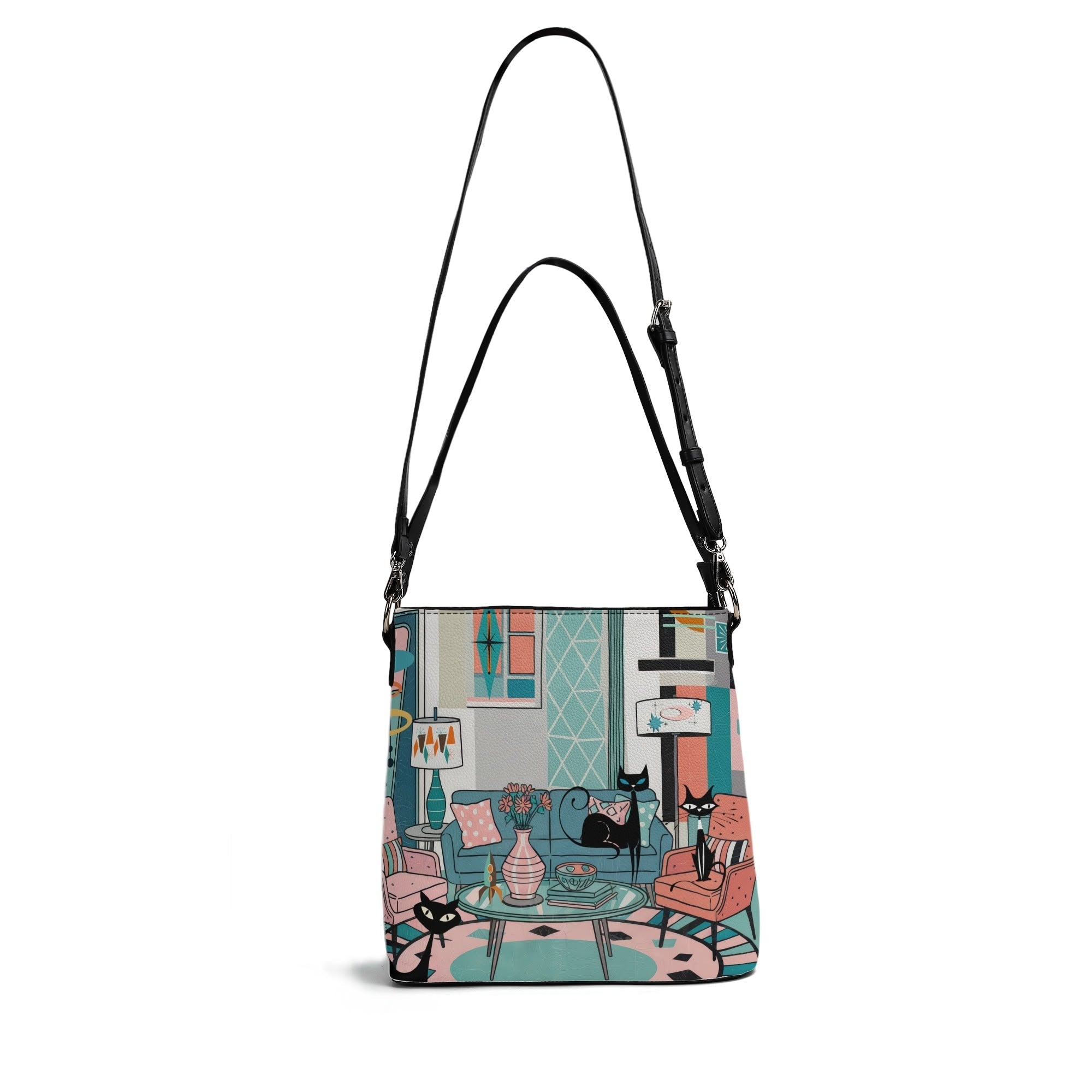 Kate McEnroe New York Atomic Cat Mid Century Bucket Bag, Retro 50s MCM Lounge Scene Purse, Kitschy Mod Shoulder BagHandbagsNRQ38XGY - 1