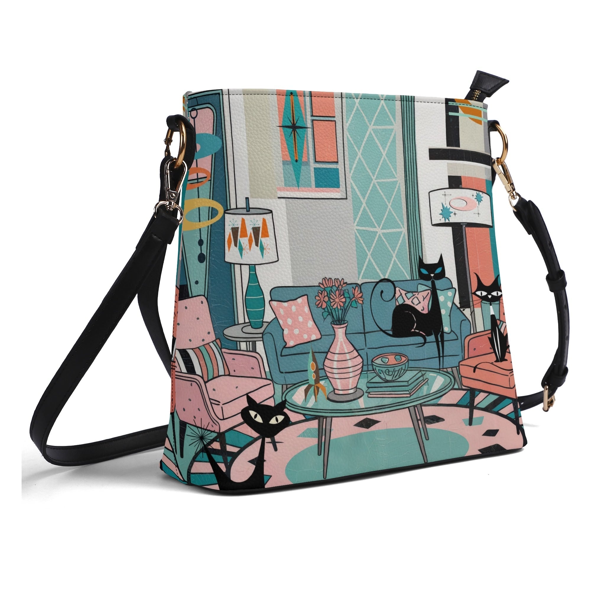 Kate McEnroe New York Atomic Cat Mid Century Bucket Bag, Retro 50s MCM Lounge Scene Purse, Kitschy Mod Shoulder BagHandbagsNRQ38XGY - 1