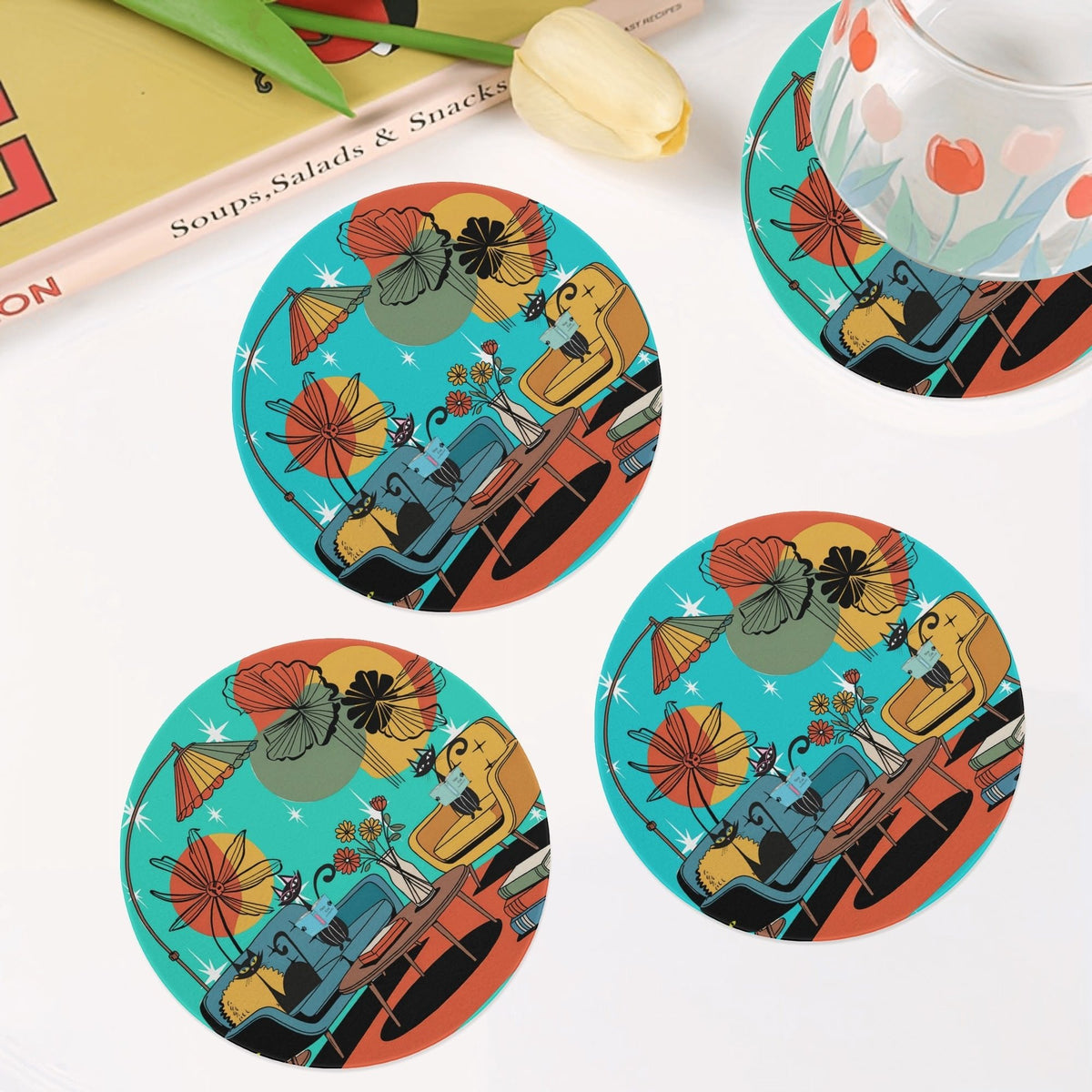 Kate McEnroe New York Atomic Cat Mid Century Coasters, Retro Living Room Lounge Art, MCM Drink Barware SetCoastersWX13LMKW - 1