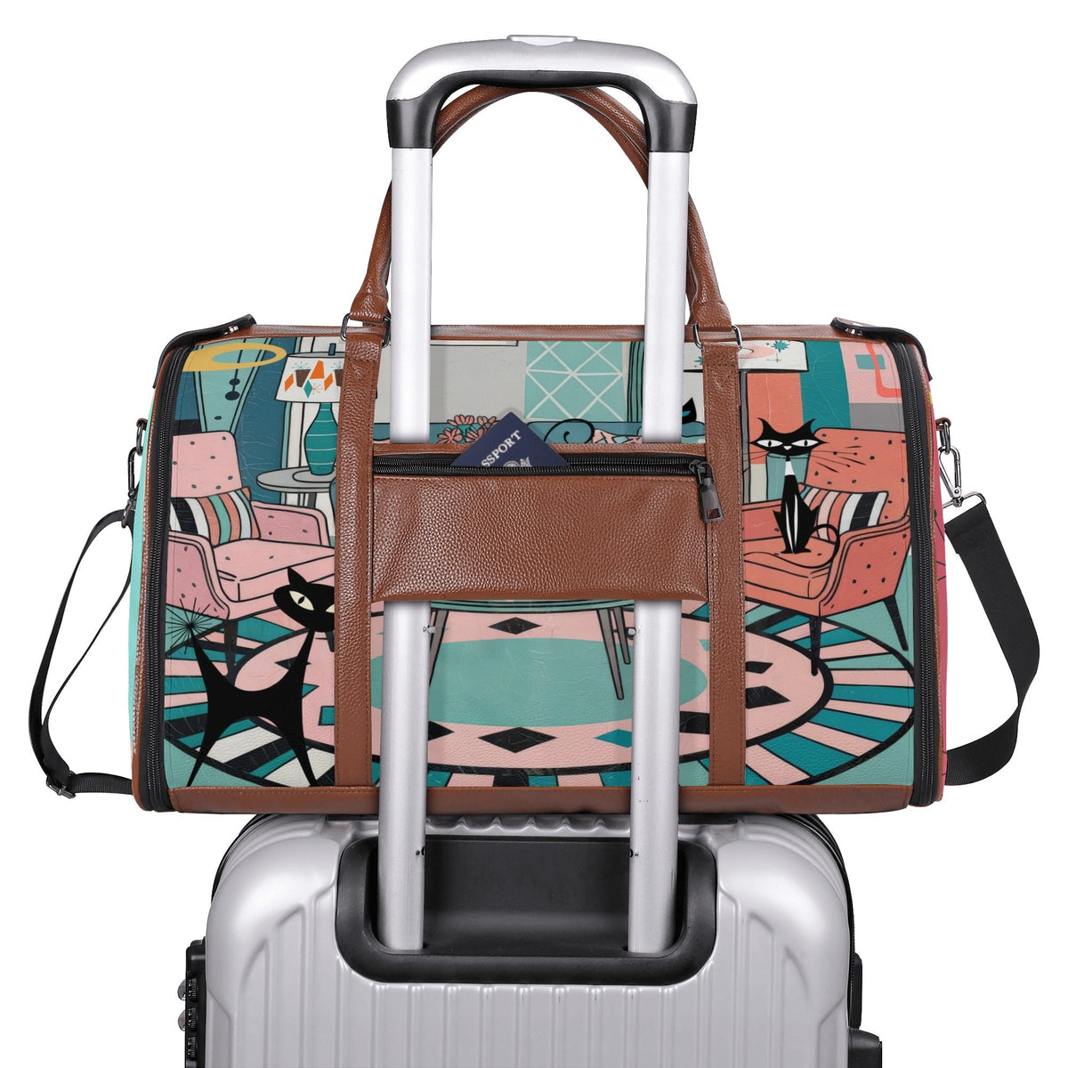 Kate McEnroe New York Atomic Cat Mid Century Duffel Bag, Retro 50s Leather Travel Bag, Foldable MCM Starburst WeekenderDuffel BagsYP638O3N - 1