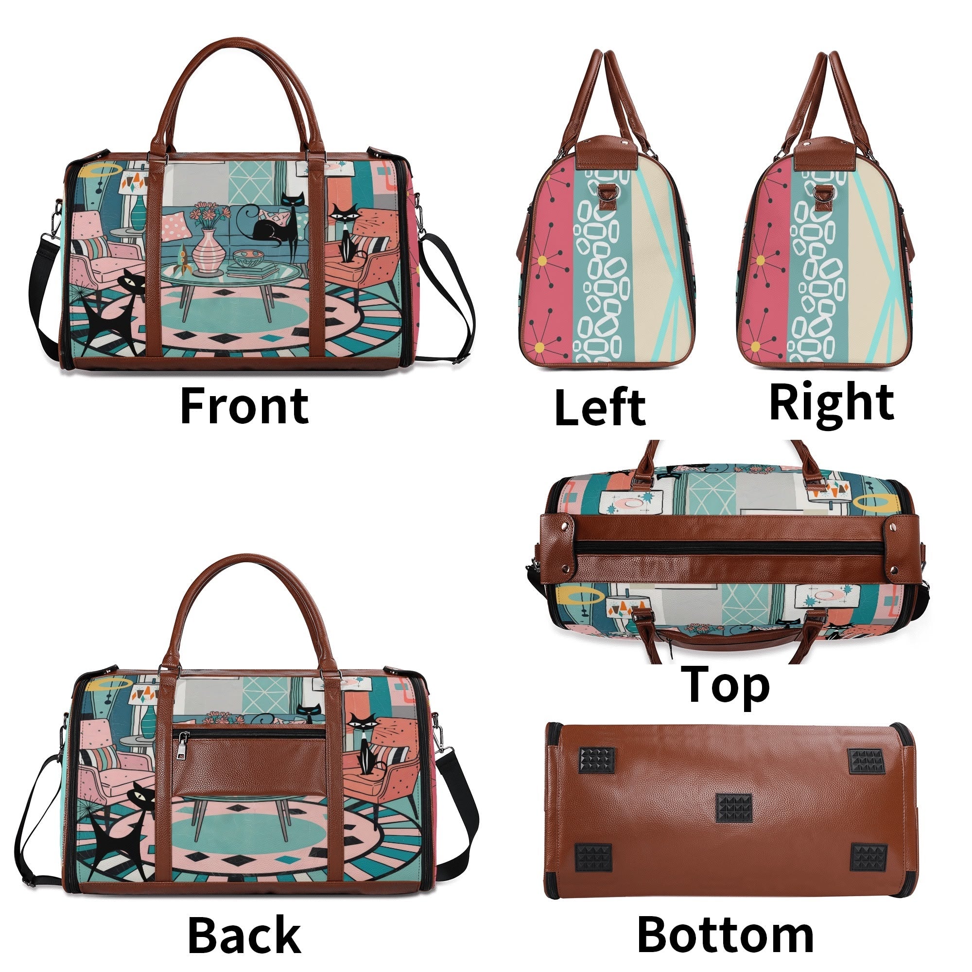 Kate McEnroe New York Atomic Cat Mid Century Duffel Bag, Retro 50s Leather Travel Bag, Foldable MCM Starburst WeekenderDuffel BagsYP638O3N - 1