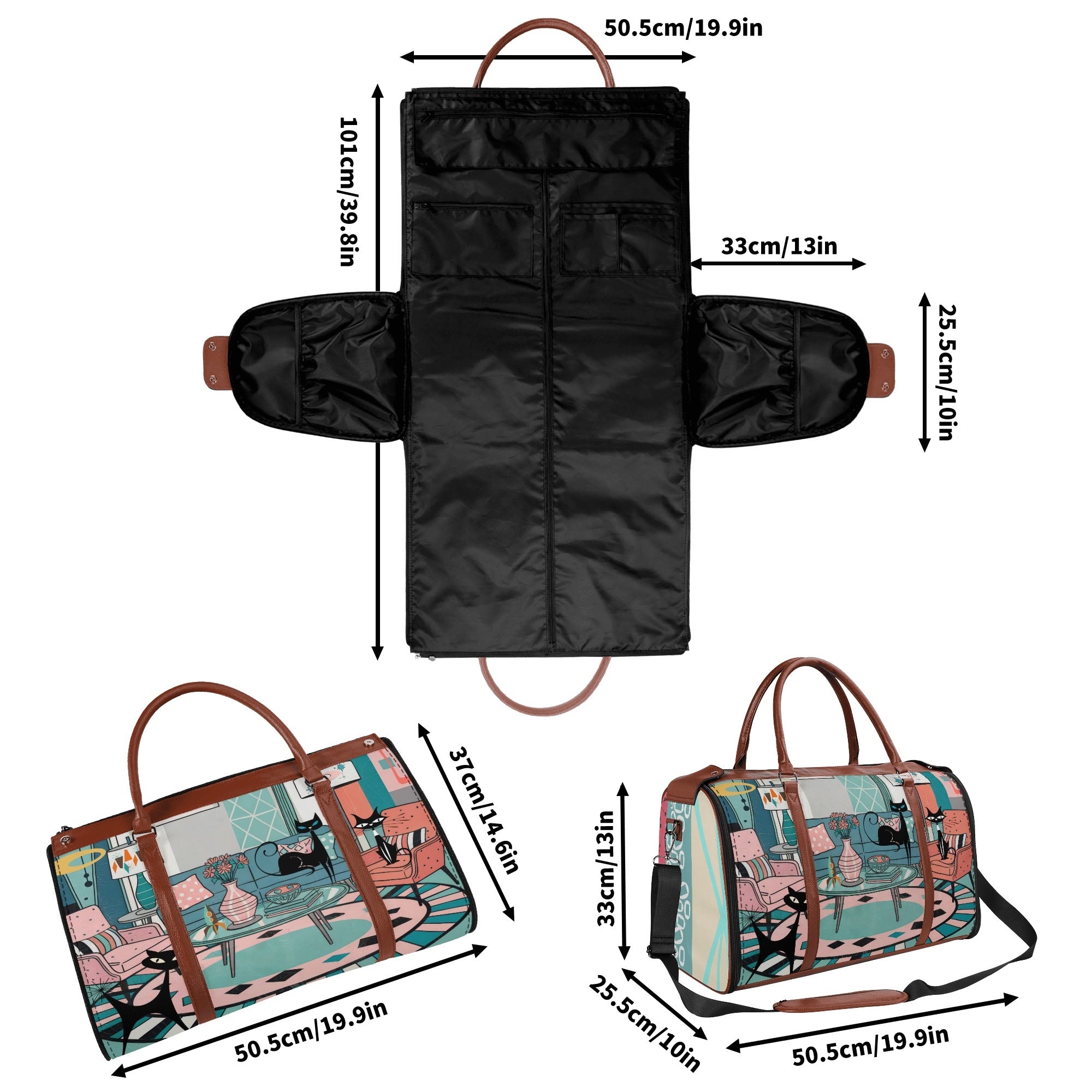Kate McEnroe New York Atomic Cat Mid Century Duffel Bag, Retro 50s Leather Travel Bag, Foldable MCM Starburst WeekenderDuffel BagsYP638O3N - 1