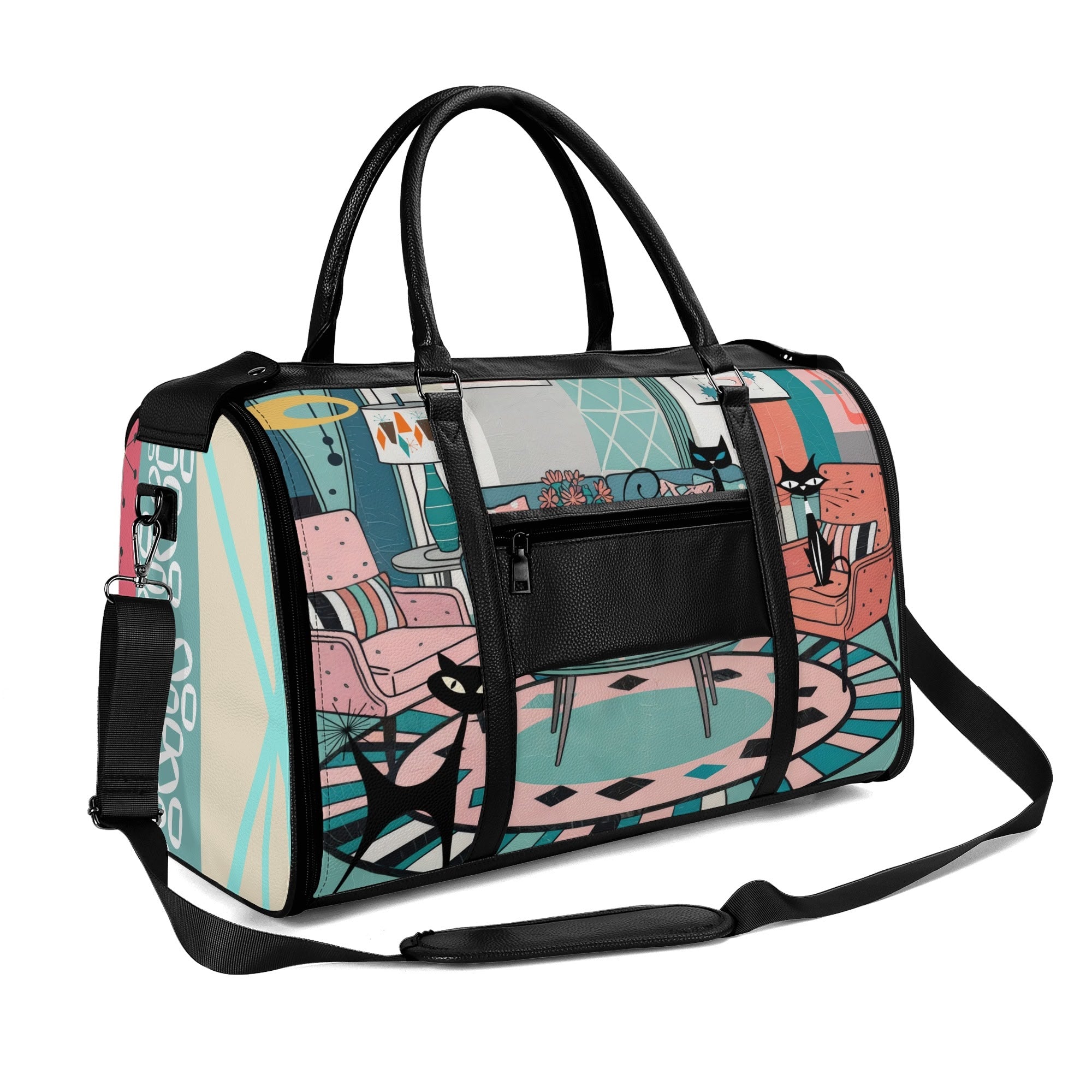 Kate McEnroe New York Atomic Cat Mid Century Duffel Bag, Retro 50s Leather Travel Bag, Foldable MCM Starburst WeekenderDuffel BagsYP638O3N - 2