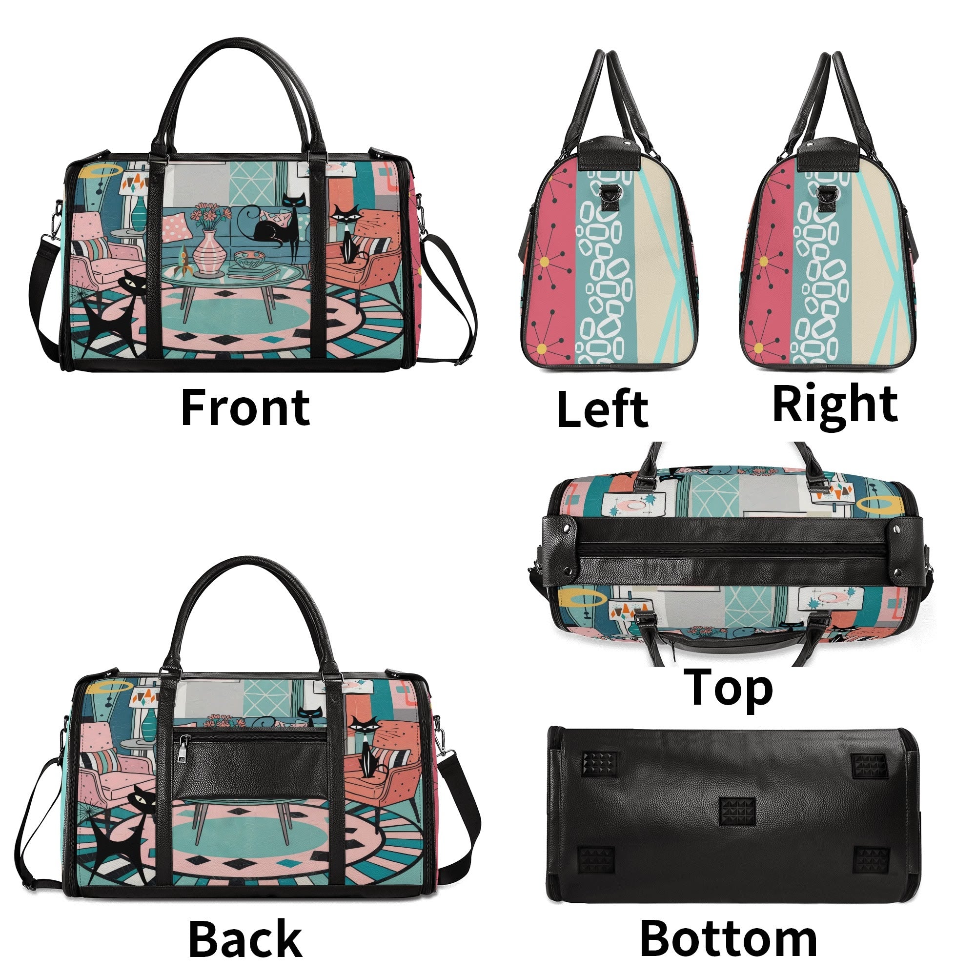 Kate McEnroe New York Atomic Cat Mid Century Duffel Bag, Retro 50s Leather Travel Bag, Foldable MCM Starburst WeekenderDuffel BagsYP638O3N - 2
