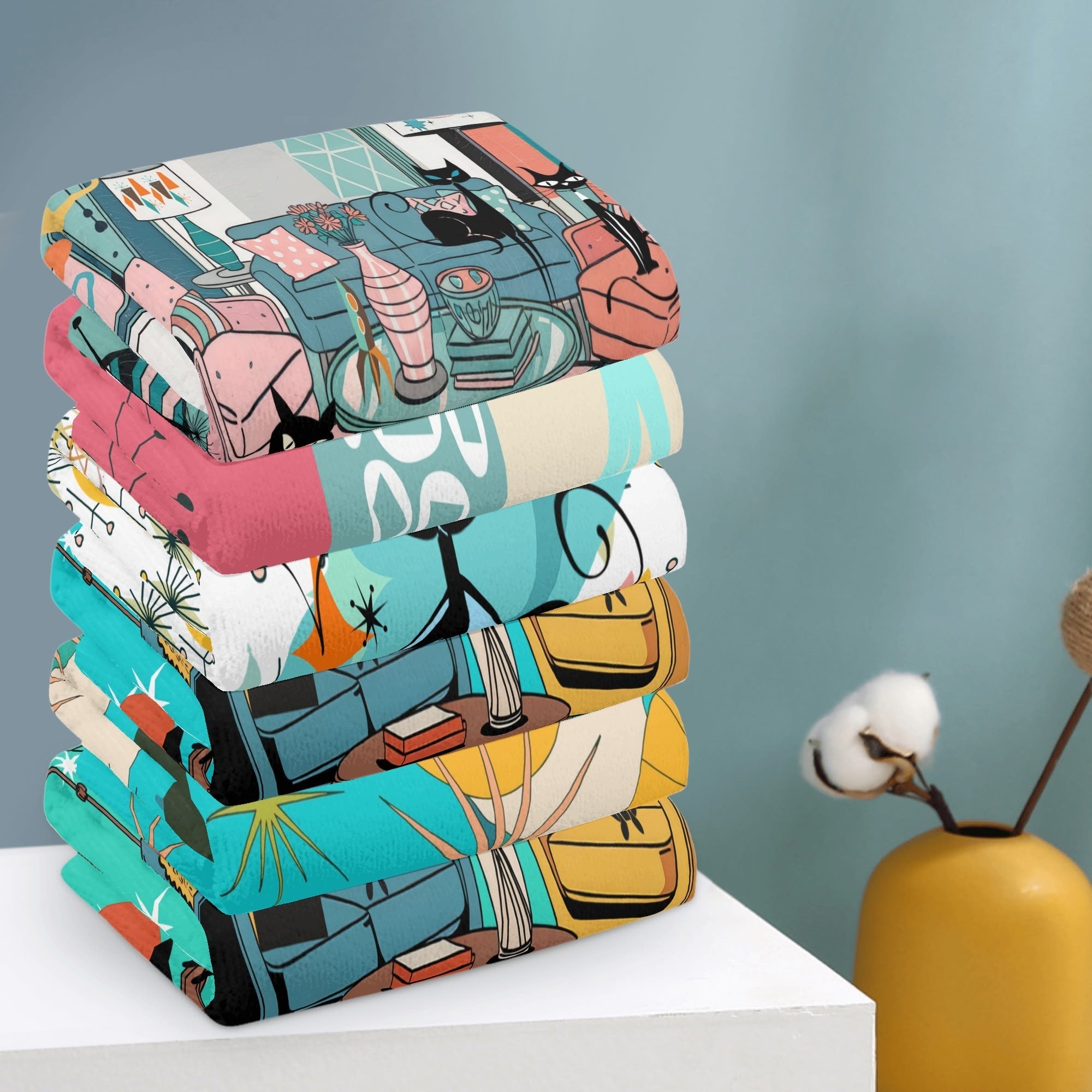 Kate McEnroe New York Atomic Cat Mid Century Hand Towel Set, Retro 50s MCM Starburst Bath Towels, Colorful Mod Bathroom Decor 6 PackHand TowelsWX138P6W - 1