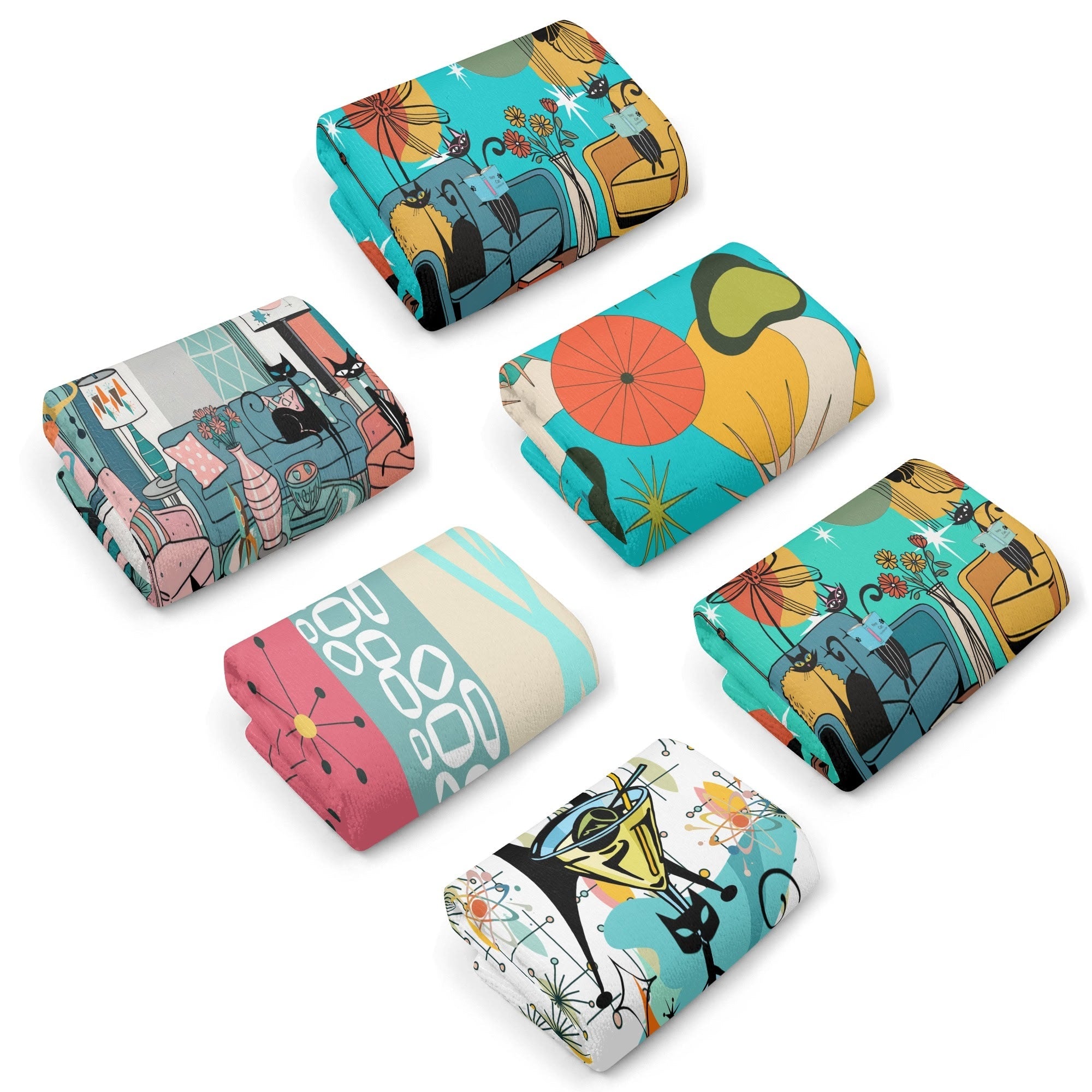 Kate McEnroe New York Atomic Cat Mid Century Hand Towel Set, Retro 50s MCM Starburst Bath Towels, Colorful Mod Bathroom Decor 6 PackHand TowelsWX138P6W - 1