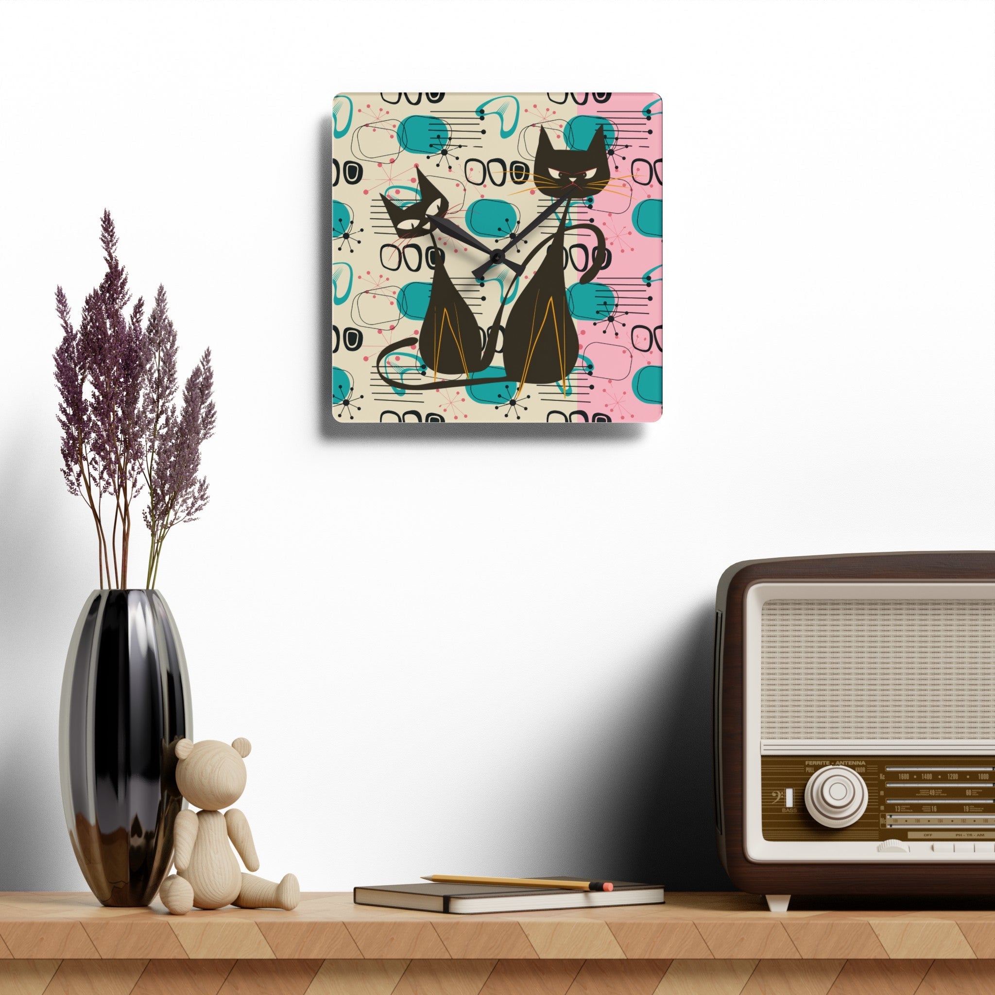 Kate McEnroe New York Atomic Cat Mid Century Modern Acrylic Wall Clock, Kitschy Retro MCM Wall DecorWall Clocks11522747725004984774
