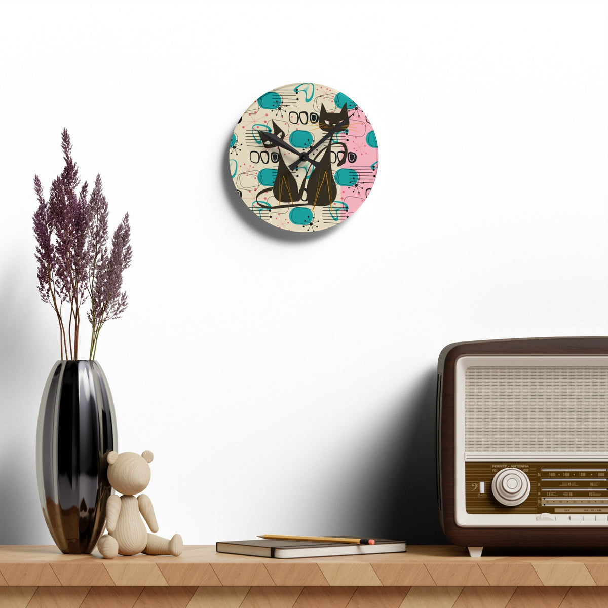 Kate McEnroe New York Atomic Cat Mid Century Modern Acrylic Wall Clock, Kitschy Retro MCM Wall DecorWall Clocks11522747725004984774