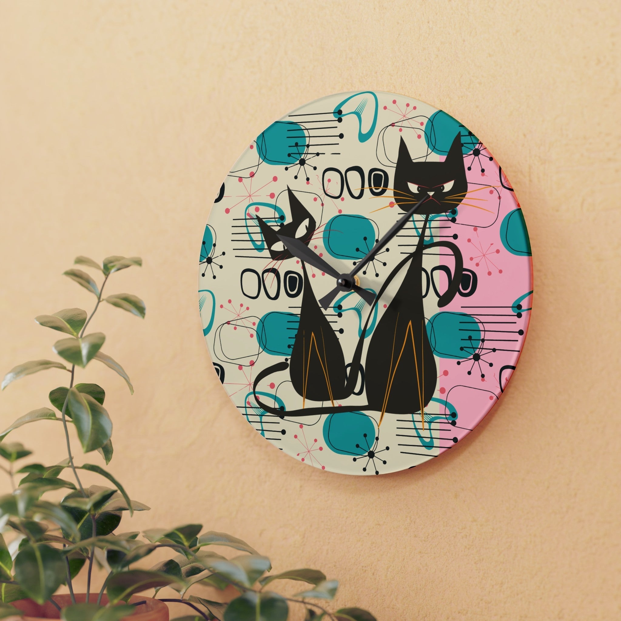 Kate McEnroe New York Atomic Cat Mid Century Modern Acrylic Wall Clock, Kitschy Retro MCM Wall DecorWall Clocks11522747725004984774