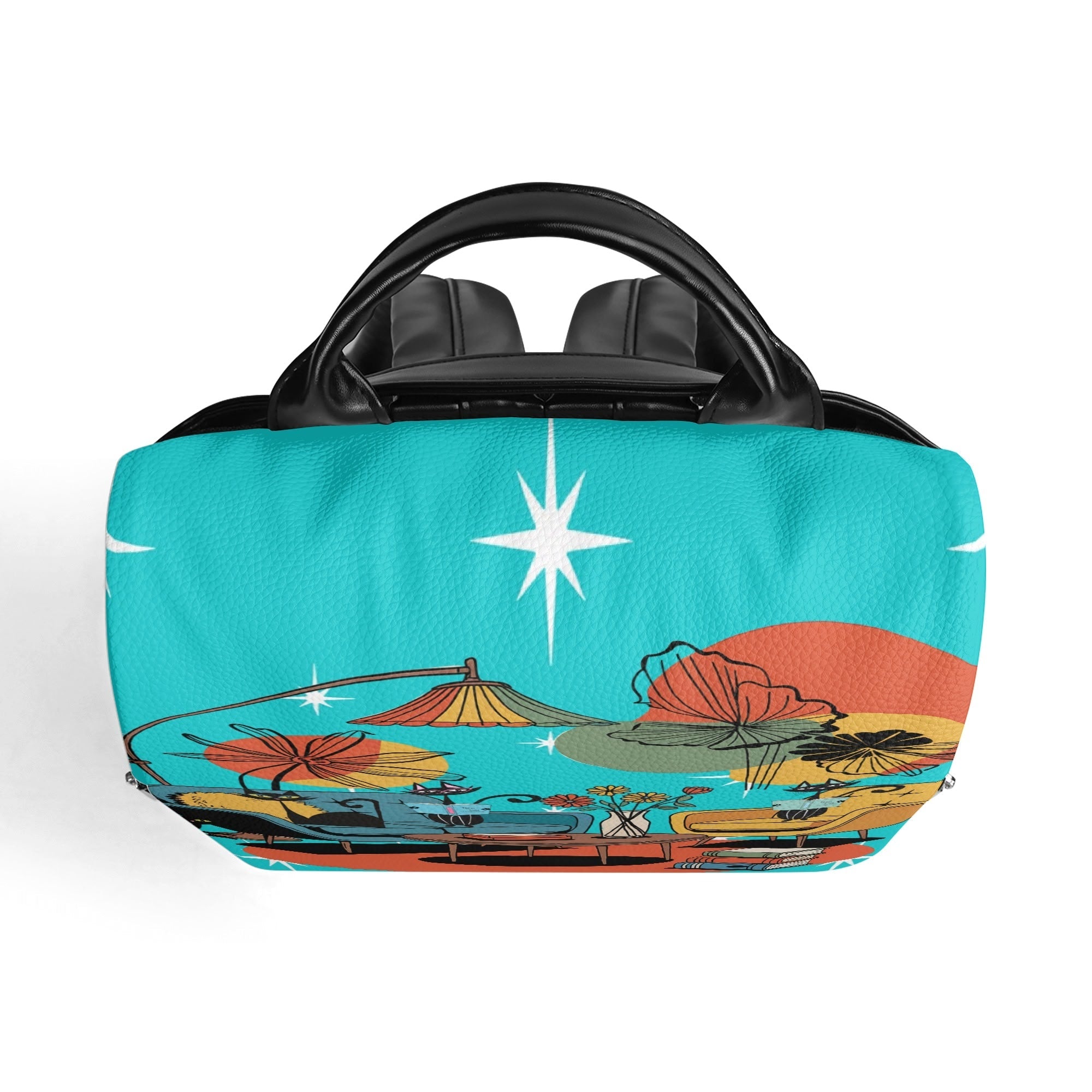 Kate McEnroe New York Atomic Cat Mid Century Modern Backpack, Retro 50s Kitsch Aqua Teal Lounge Scene Book BagBackpacksY57X93PW - 1