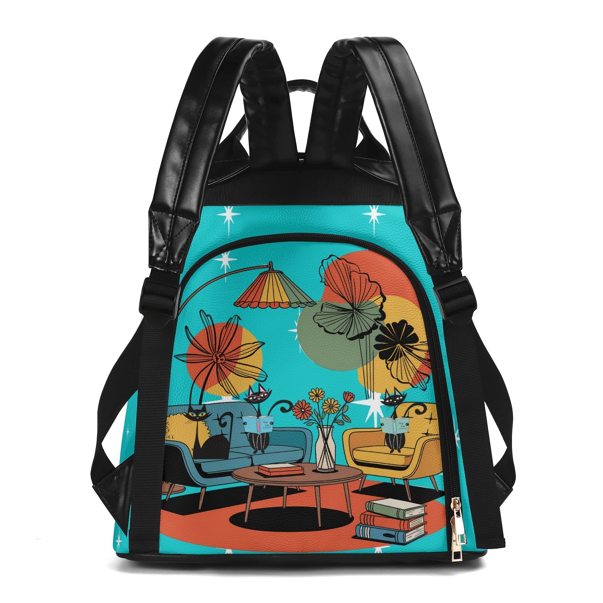 Kate McEnroe New York Atomic Cat Mid Century Modern Backpack, Retro 50s Kitsch Aqua Teal Lounge Scene Book BagBackpacksY57X93PW - 1