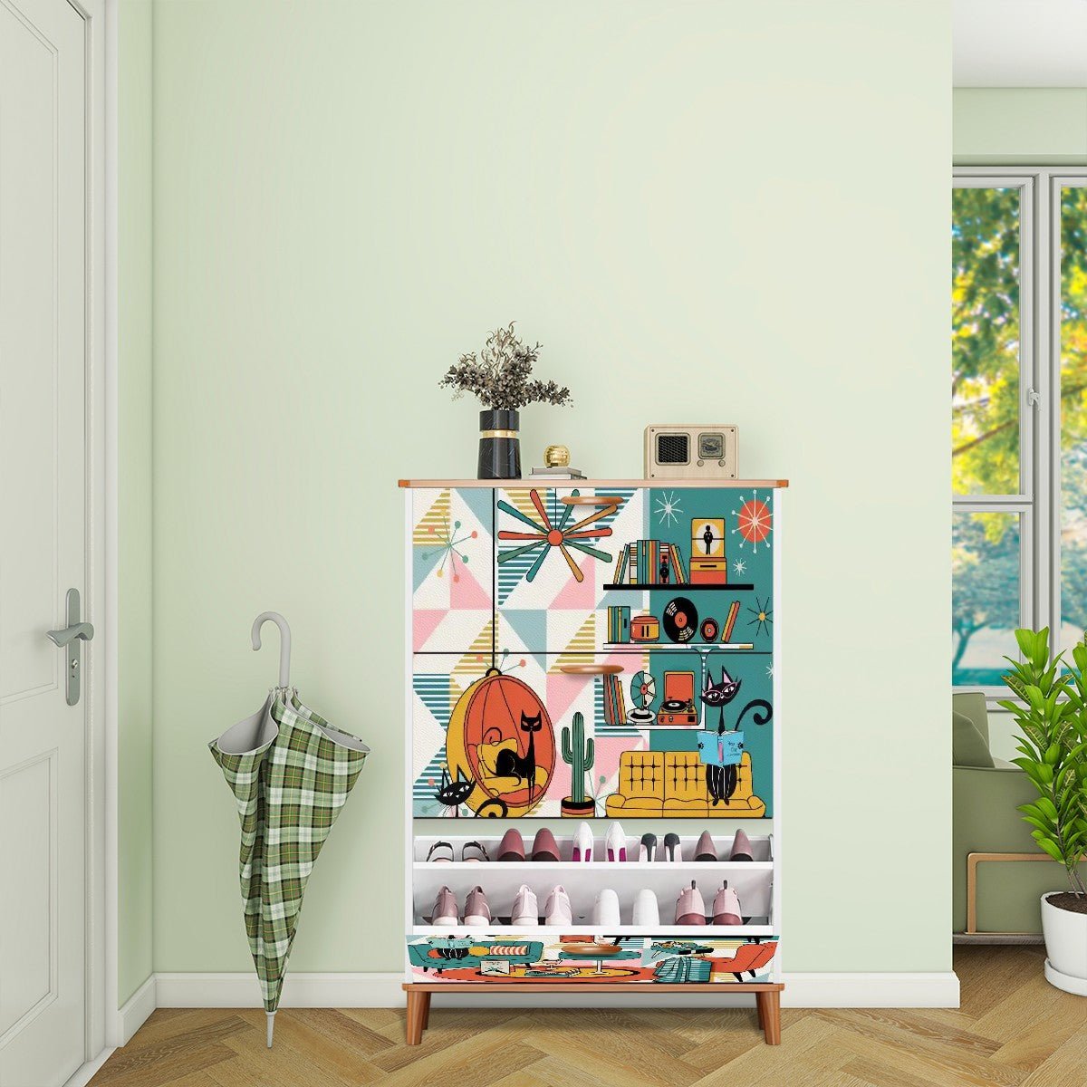 Kate McEnroe New York Atomic Cat Mid Century Modern Book Nook Shoe Cabinet, Retro Kitsch Lounge Storage AccentShoe StorageS4fpLFNl6d