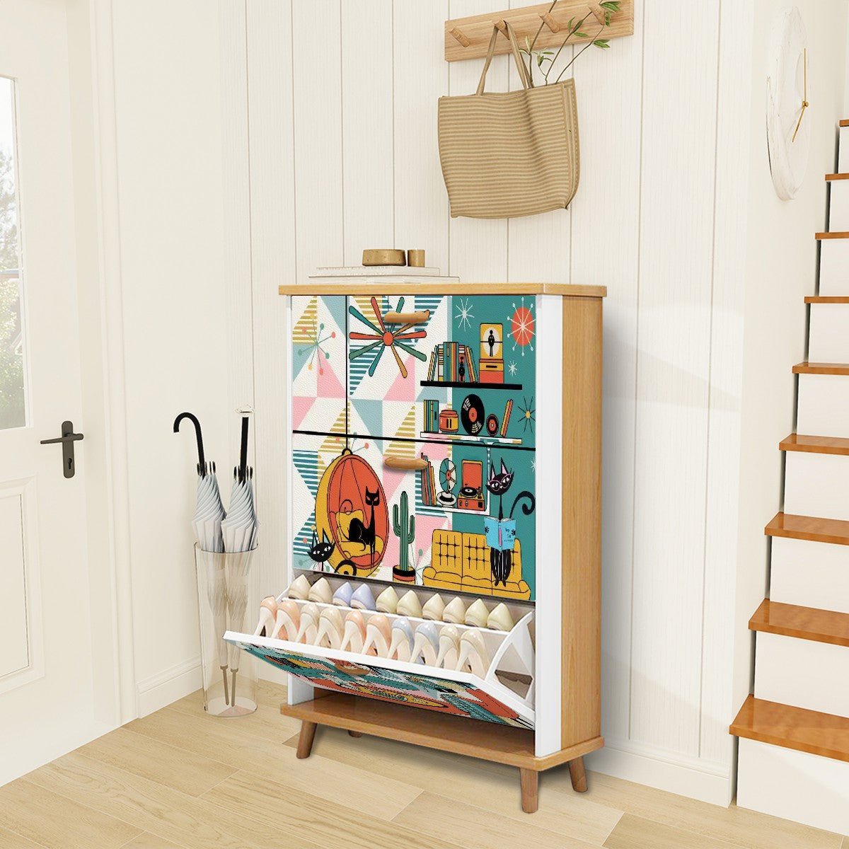 Kate McEnroe New York Atomic Cat Mid Century Modern Book Nook Shoe Cabinet, Retro Kitsch Lounge Storage AccentShoe StorageS4fpLFNl6d