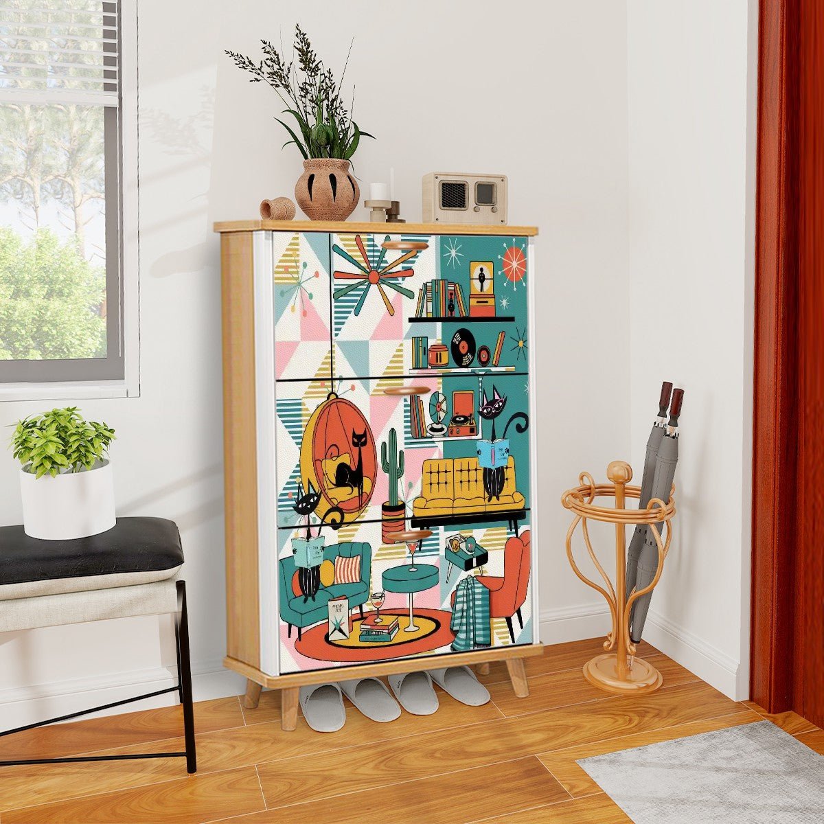 Kate McEnroe New York Atomic Cat Mid Century Modern Book Nook Shoe Cabinet, Retro Kitsch Lounge Storage AccentShoe StorageS4fpLFNl6d