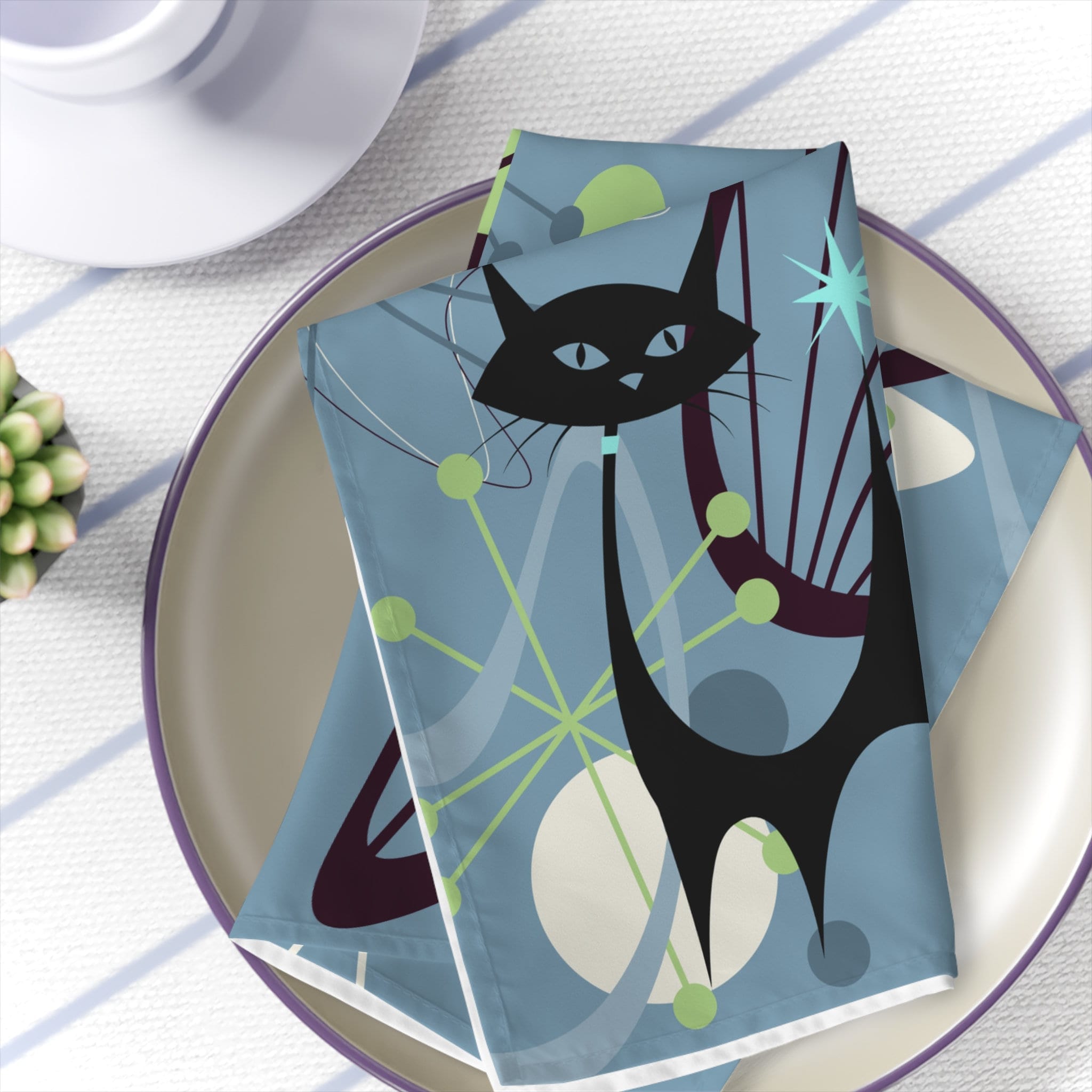 Kate McEnroe New York Atomic Cat Mid Century Modern Cloth Napkins, Set of 4 Retro Atomic Boomerang starburst Table Linens, Cat Lover&