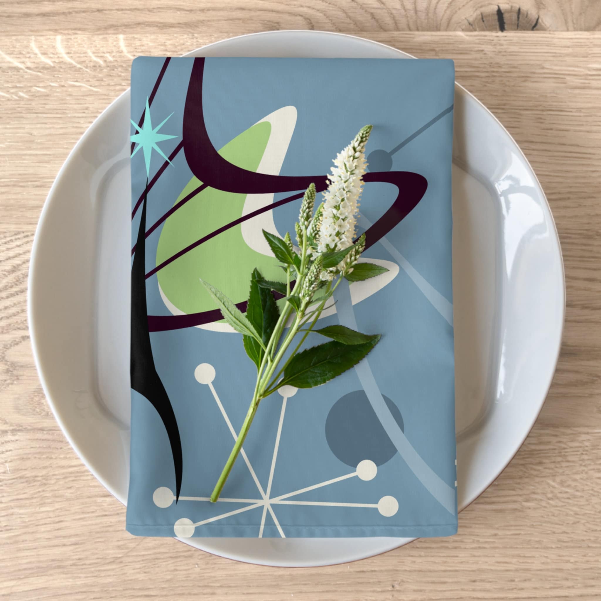 Kate McEnroe New York Atomic Cat Mid Century Modern Cloth Napkins, Set of 4 Retro Atomic Boomerang starburst Table Linens, Cat Lover&