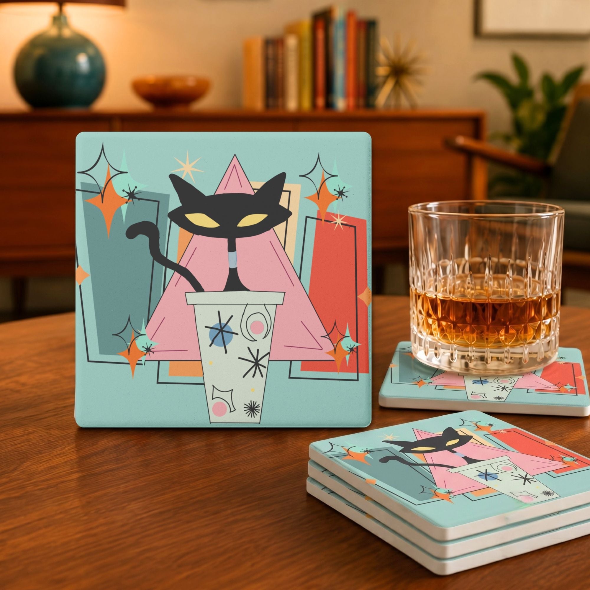 Kate McEnroe New York Atomic Cat Mid Century Modern Coaster Set, Retro Coffee Bar DecorCoasters7021