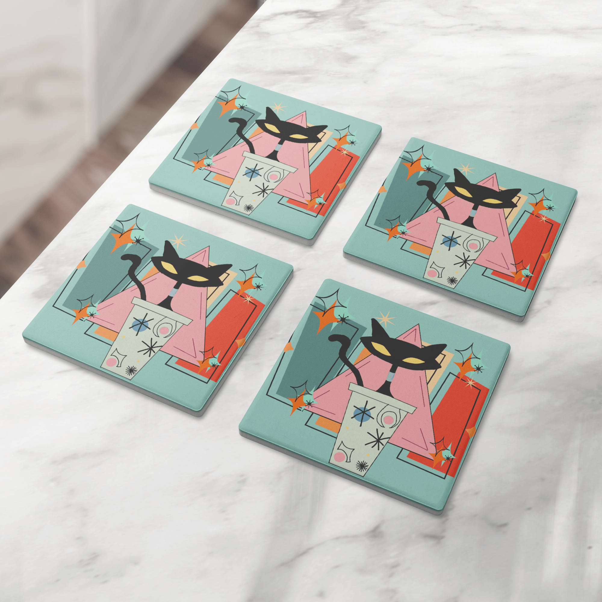 Kate McEnroe New York Atomic Cat Mid Century Modern Coaster Set, Retro Coffee Bar DecorCoasters7021