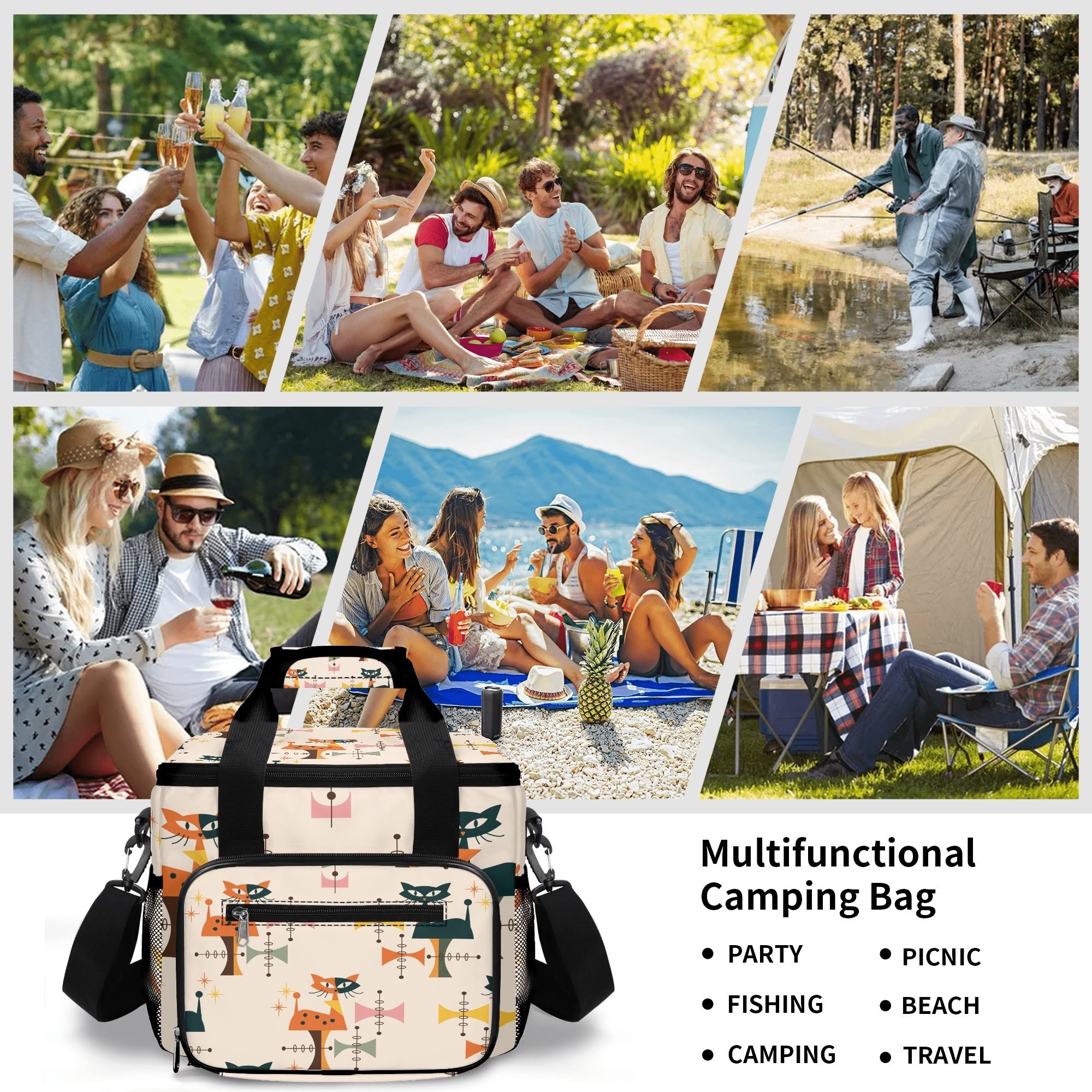 Kate McEnroe New York Atomic Cat Mid Century Modern Cooler Bag, Retro Insulated Lunch Tote, 1950s Kitsch Outdoor Picnic CarrierLunch BagsNRQ3297Y - 1