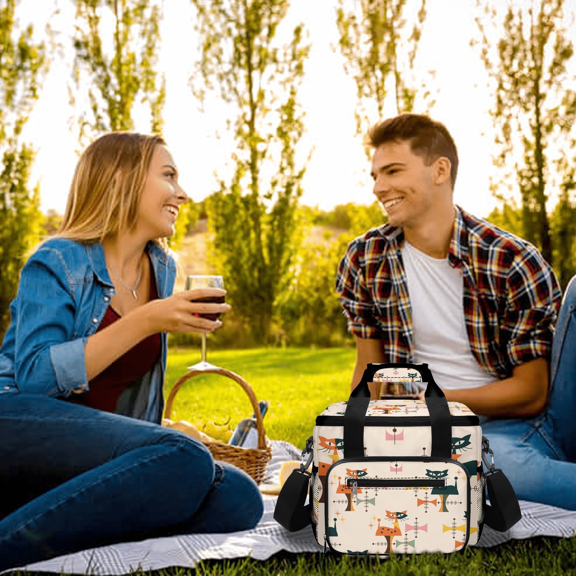 Kate McEnroe New York Atomic Cat Mid Century Modern Cooler Bag, Retro Insulated Lunch Tote, 1950s Kitsch Outdoor Picnic CarrierLunch BagsNRQ3297Y - 1