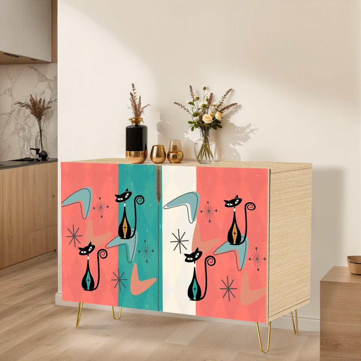 Kate McEnroe New York Atomic Cat Mid Century Modern Credenza, Retro 50s Boomerang Starburst Storage CabinetStorage CabinetsSXPlRF54PP
