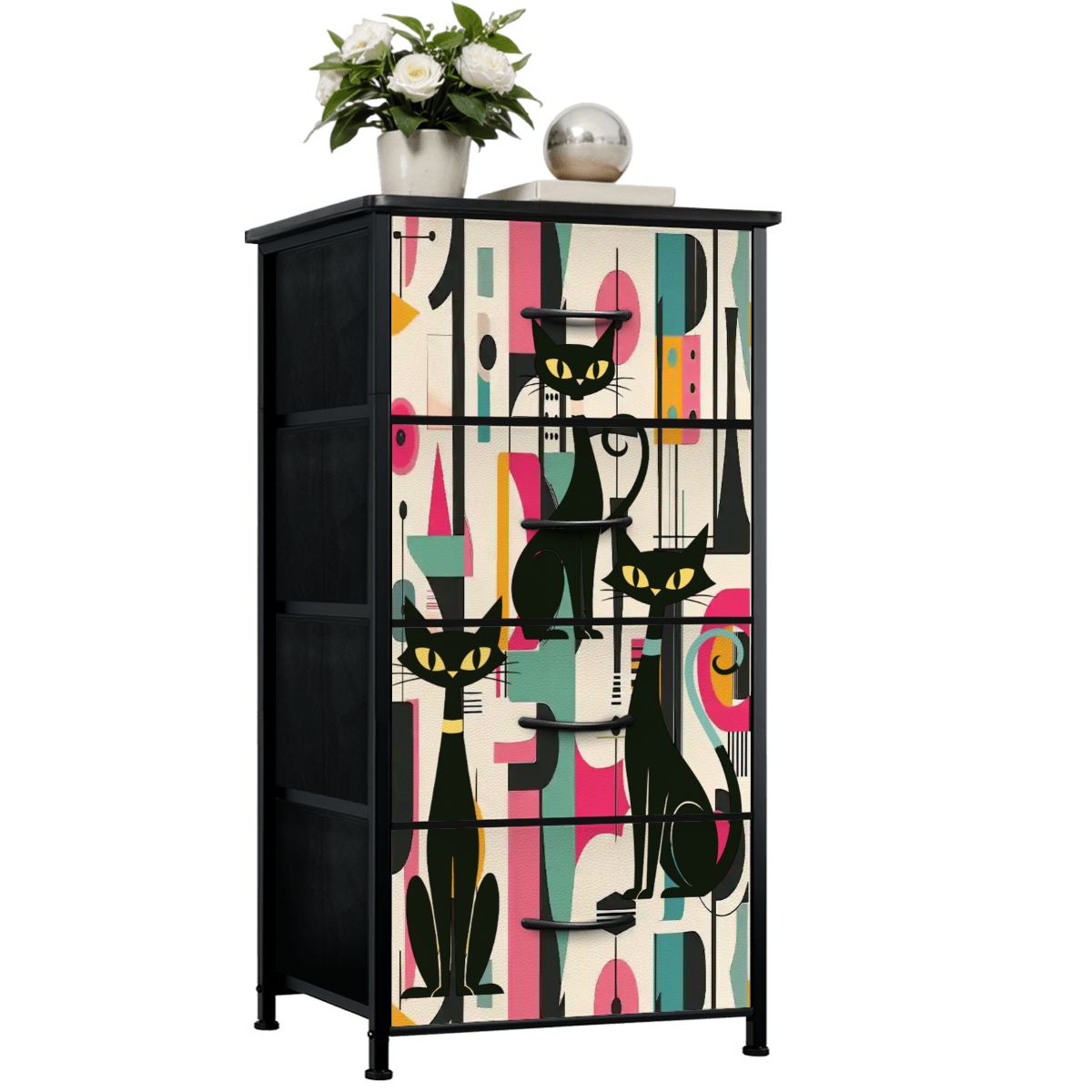 Atomic Cat Mid Century Modern Dresser, Retro 50s Geometric Abstract Drawer Chest Atomic Cat Mid Century Modern Dresser, Retro 50s Geometric Abstract Drawer Chest