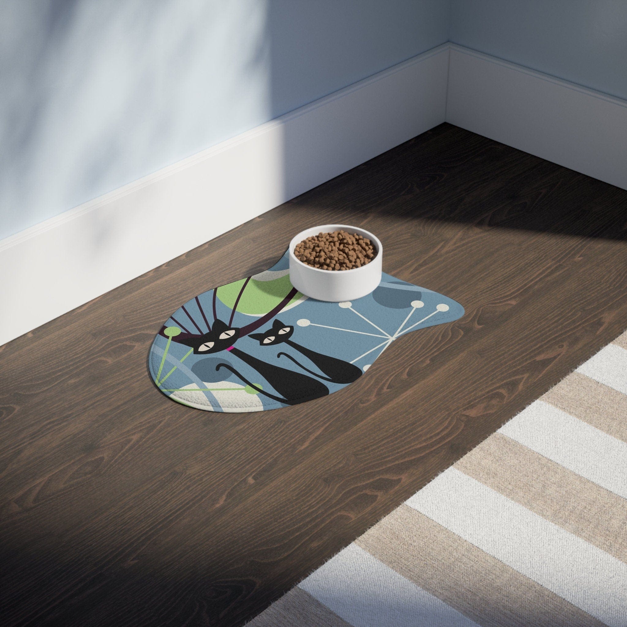Kate McEnroe New York Atomic Cat Mid Century Modern Fish Shaped Pet Feeding Mats, Retro Geometric Non - Slip, Highly Absorbent Pads, Cat Lovers Gift - 127681923Pet Feeding Mats80324210495491831608
