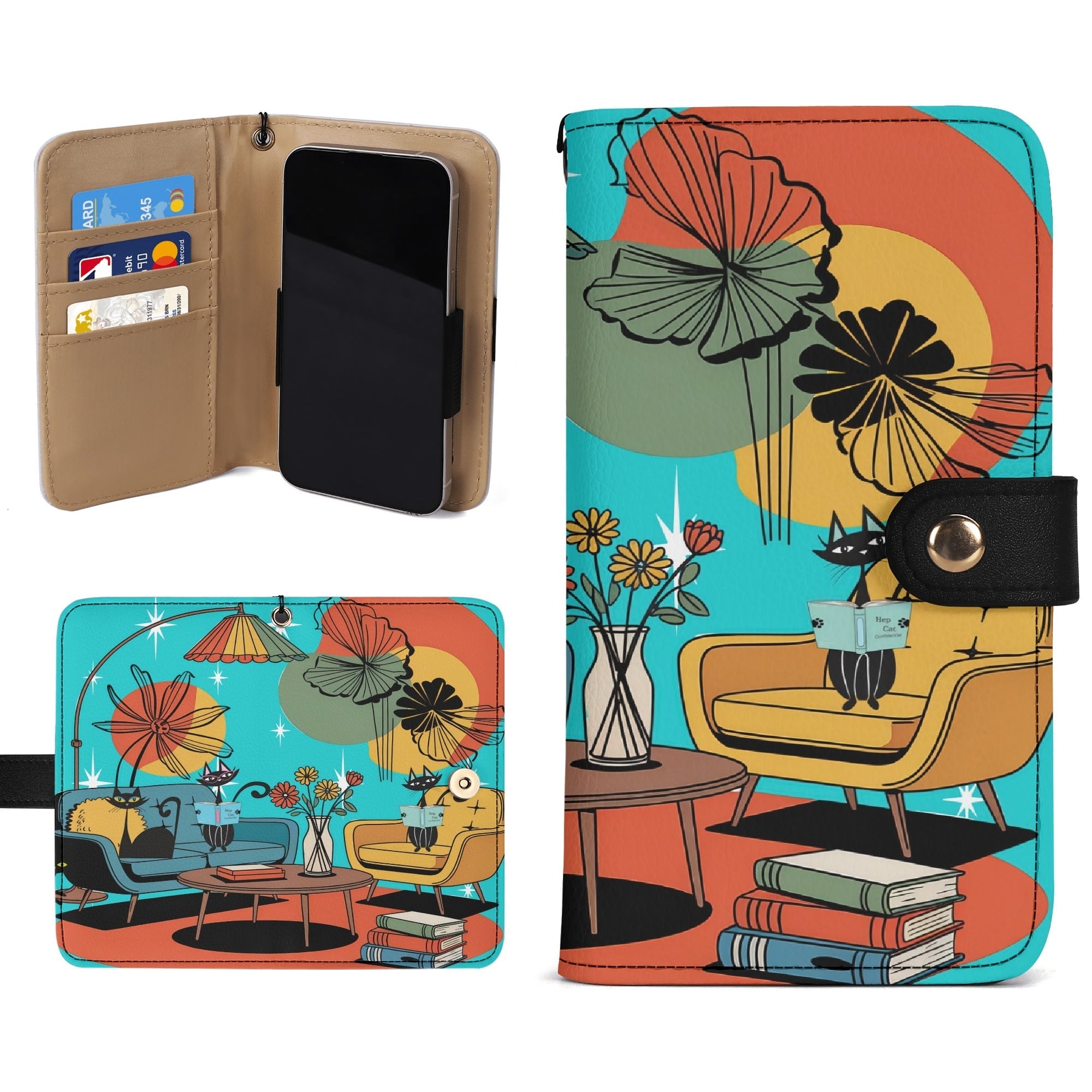 Kate McEnroe New York Atomic Cat Mid Century Modern Flip Phone Case, Retro Mod Living Room Art WalletPhone CasesN67G659W - 1