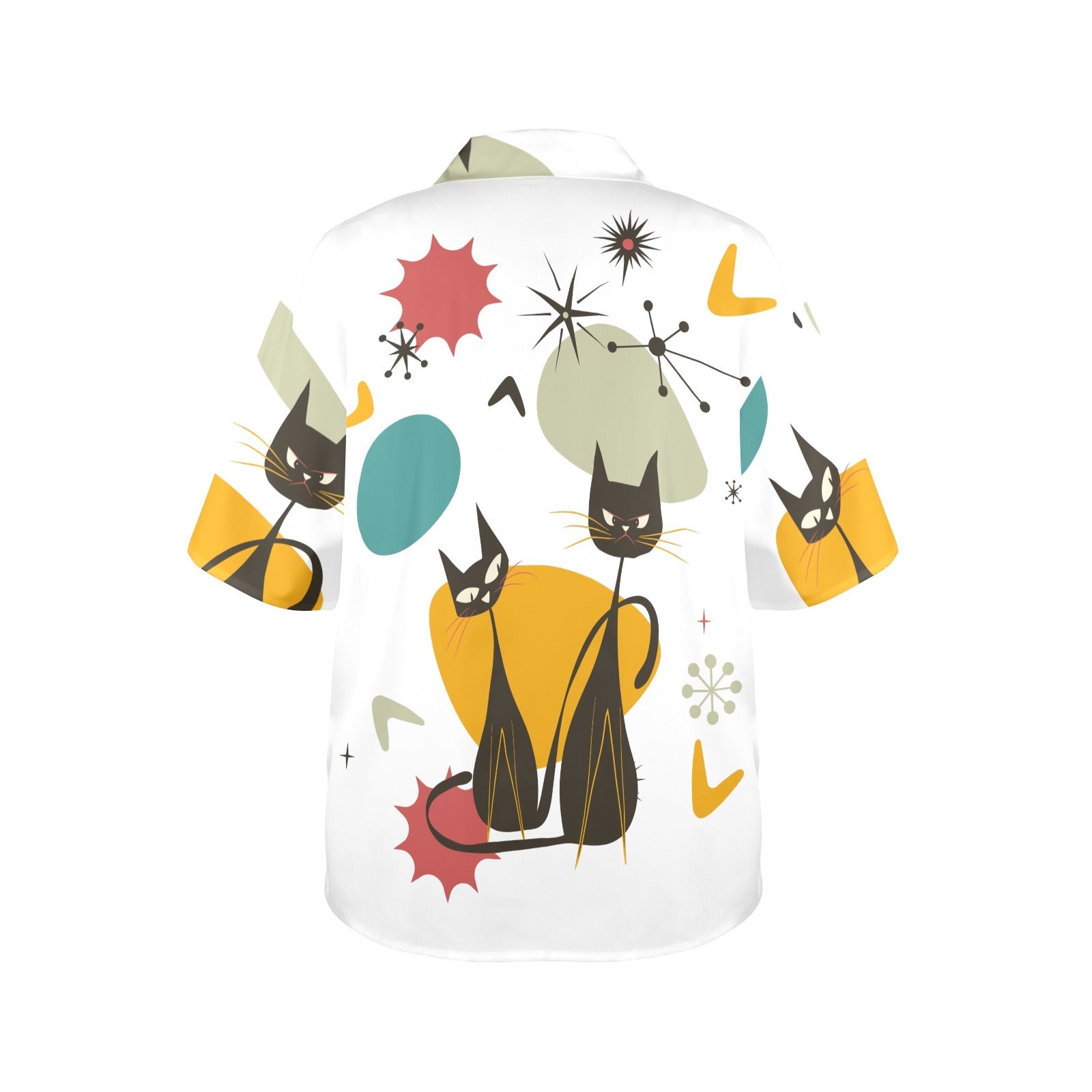 Kate McEnroe New York Atomic Cat Mid Century Modern Hawaiian Shirt, Retro 50s Space Age Button - Up, MCM Kitsch Vacation ShirtWomen&