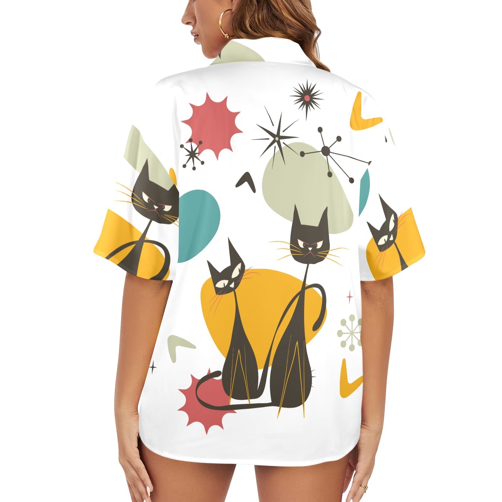 Kate McEnroe New York Atomic Cat Mid Century Modern Hawaiian Shirt, Retro 50s Space Age Button - Up, MCM Kitsch Vacation ShirtWomen&