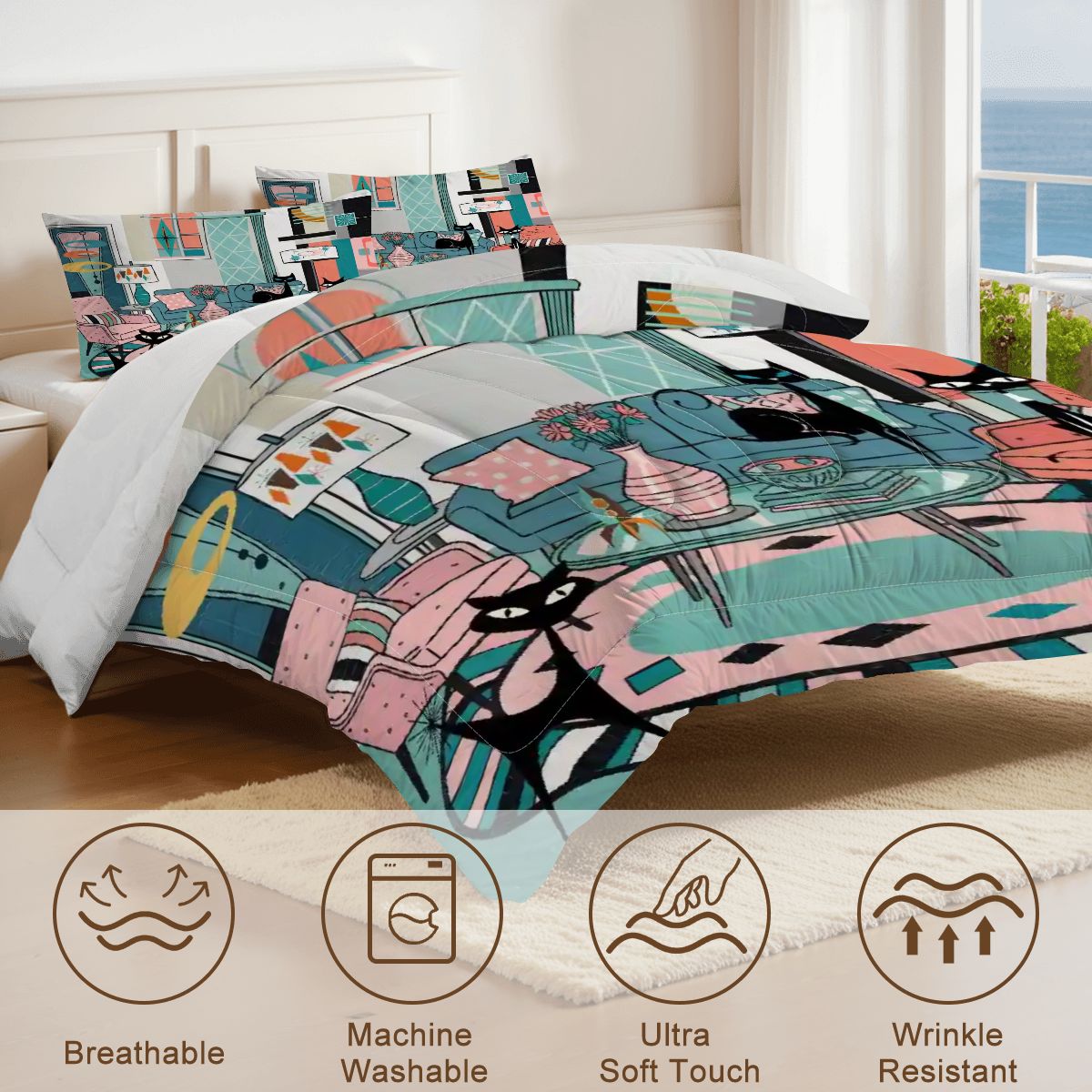 Kate McEnroe New York Atomic Cat Mid Century Modern King Comforter Set, Retro Lounge 50s Kitsch BeddingComforter SetZHoG2TeRSX