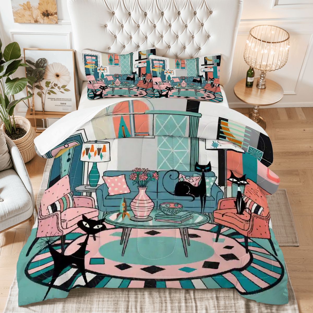 Kate McEnroe New York Atomic Cat Mid Century Modern King Comforter Set, Retro Lounge 50s Kitsch BeddingComforter SetZHoG2TeRSX