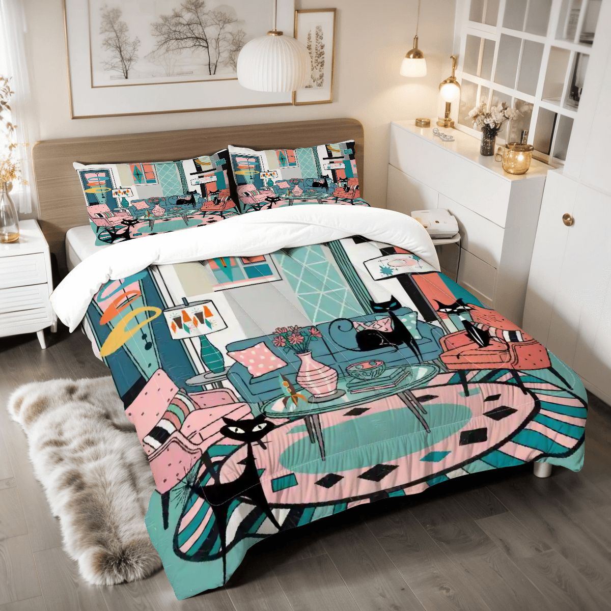 Kate McEnroe New York Atomic Cat Mid Century Modern King Comforter Set, Retro Lounge 50s Kitsch BeddingComforter SetZHoG2TeRSX