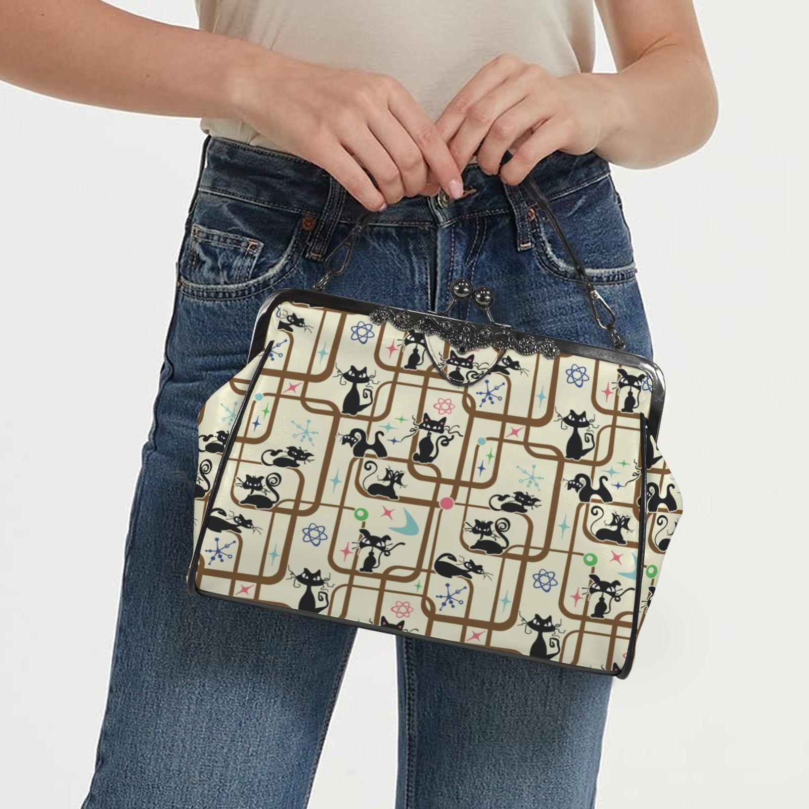 Kate McEnroe New York Atomic Cat Mid Century Modern Kisslock Purse, Retro Crossbody HandbagCrossbody BagsD3361304