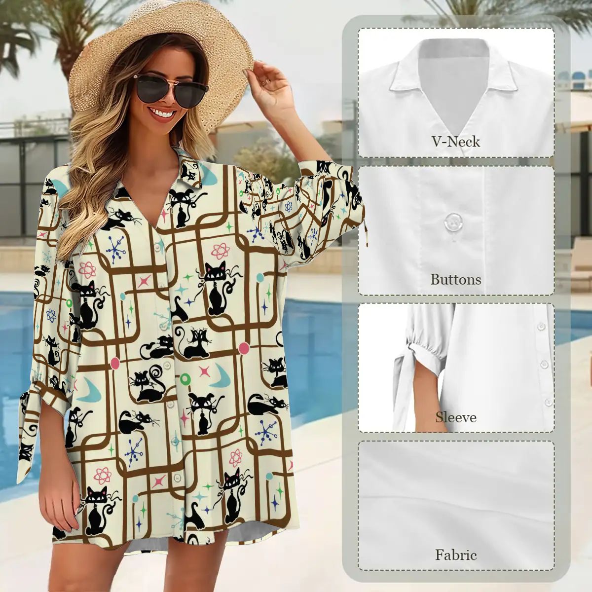 Kate McEnroe New York Atomic Cat Mid Century Modern Lounge Shirt Retro Beach Cover UpSwimsuits Cover UpsYXedCVhdCf