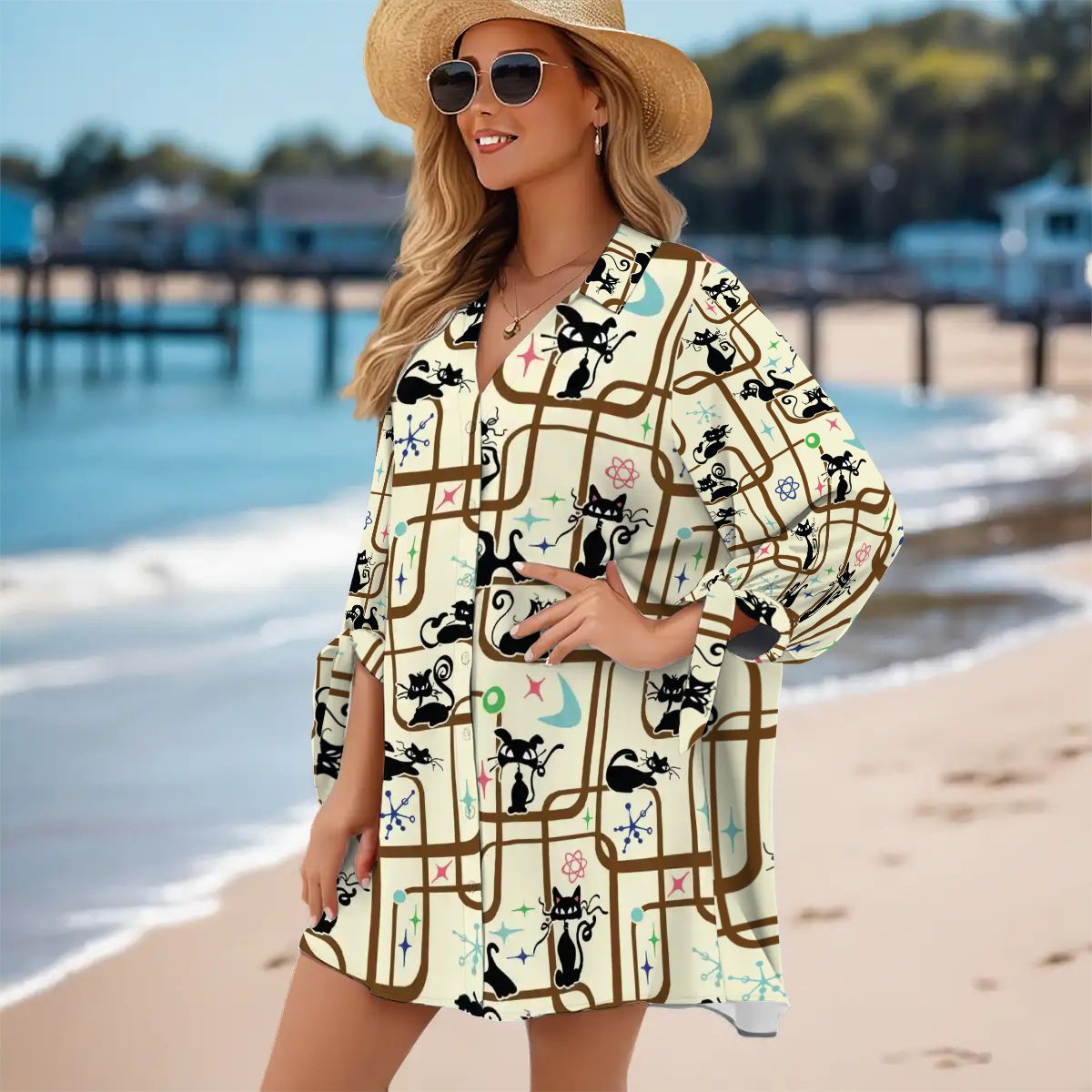 Kate McEnroe New York Atomic Cat Mid Century Modern Lounge Shirt Retro Beach Cover UpSwimsuits Cover UpsYXedCVhdCf