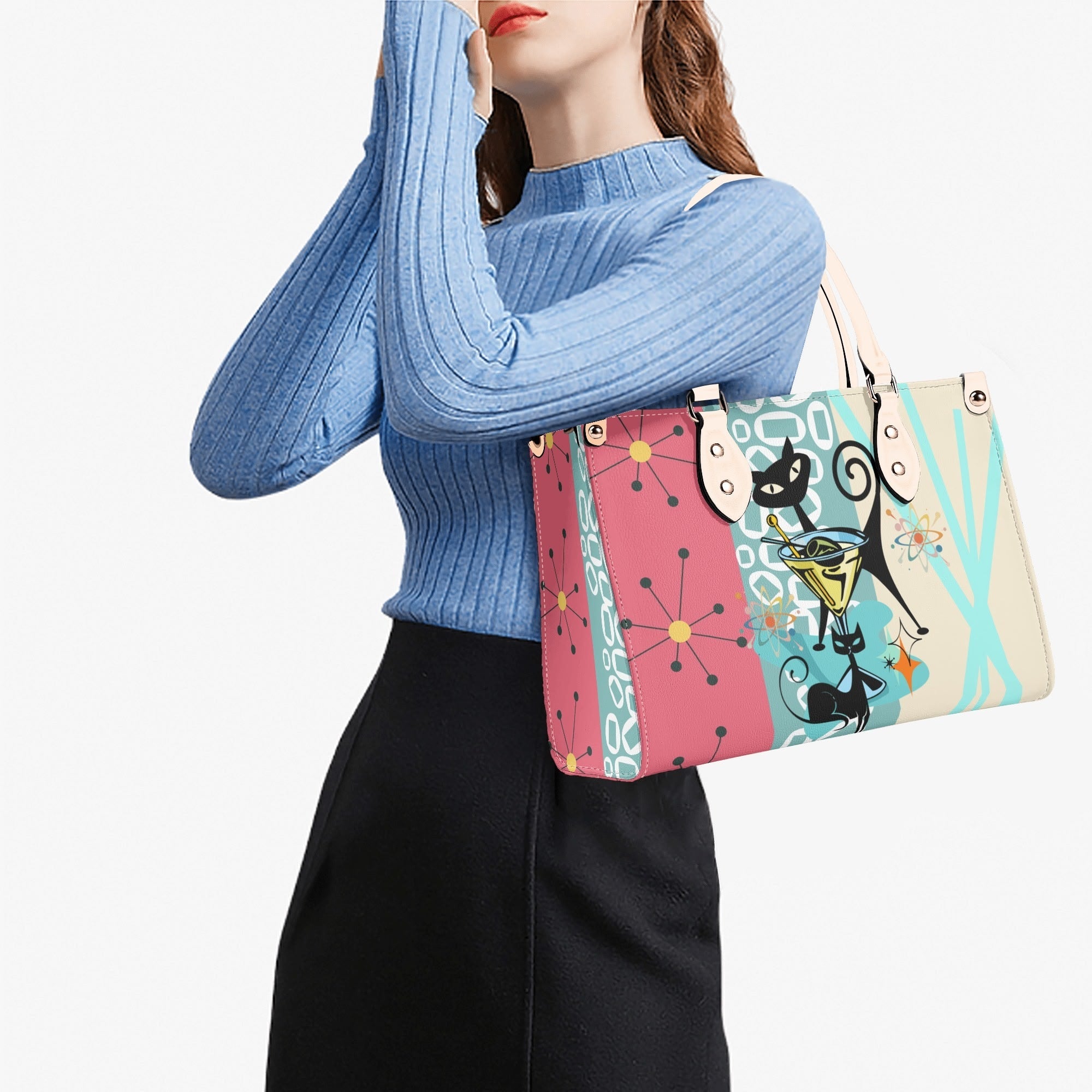 Kate McEnroe New York Atomic Cat Mid Century Modern Martini Satchel, Retro Pink Aqua Mod Starburst Shoulder BagHandbagsY57X9ELW - 1