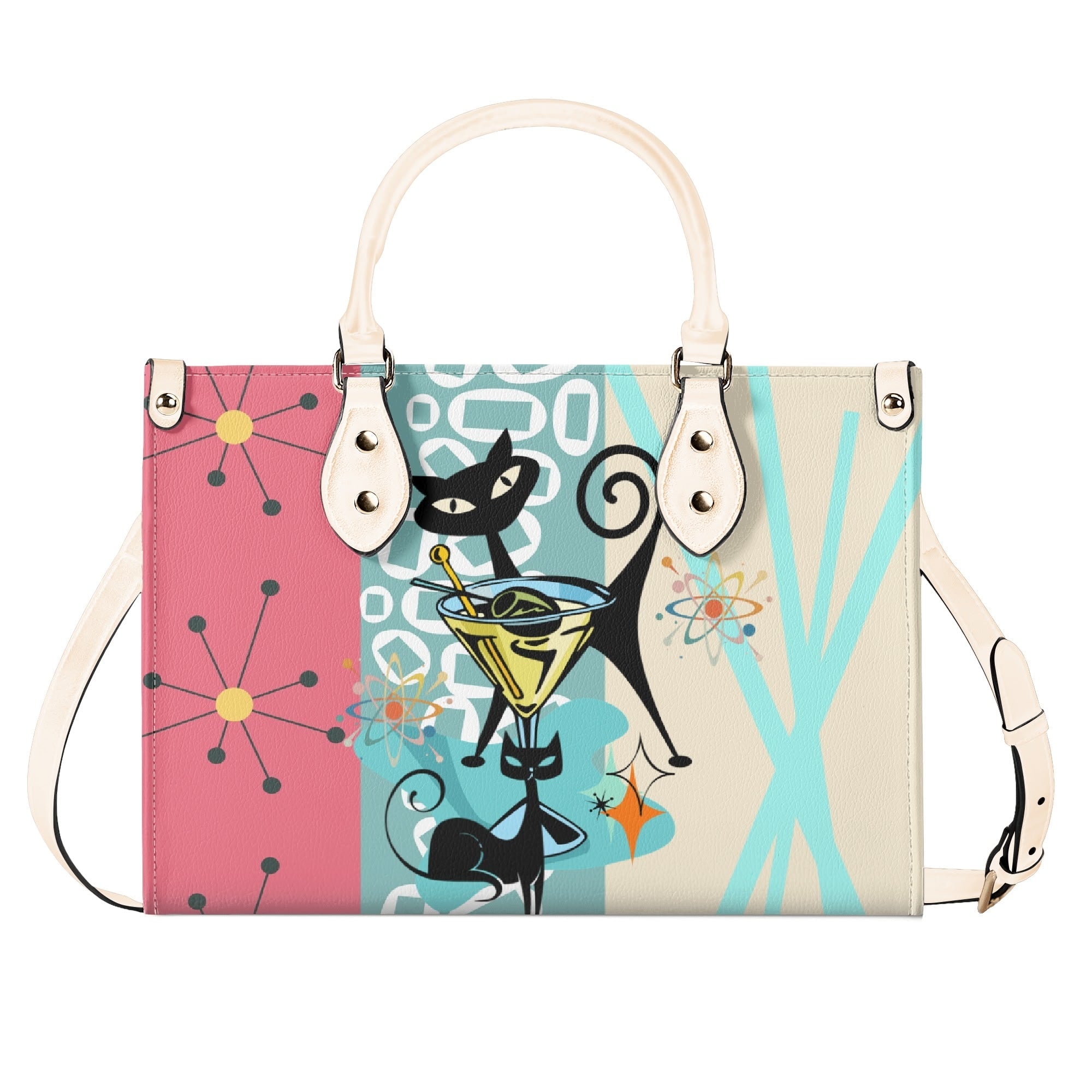 Kate McEnroe New York Atomic Cat Mid Century Modern Martini Satchel, Retro Pink Aqua Mod Starburst Shoulder BagHandbagsY57X9ELW - 1