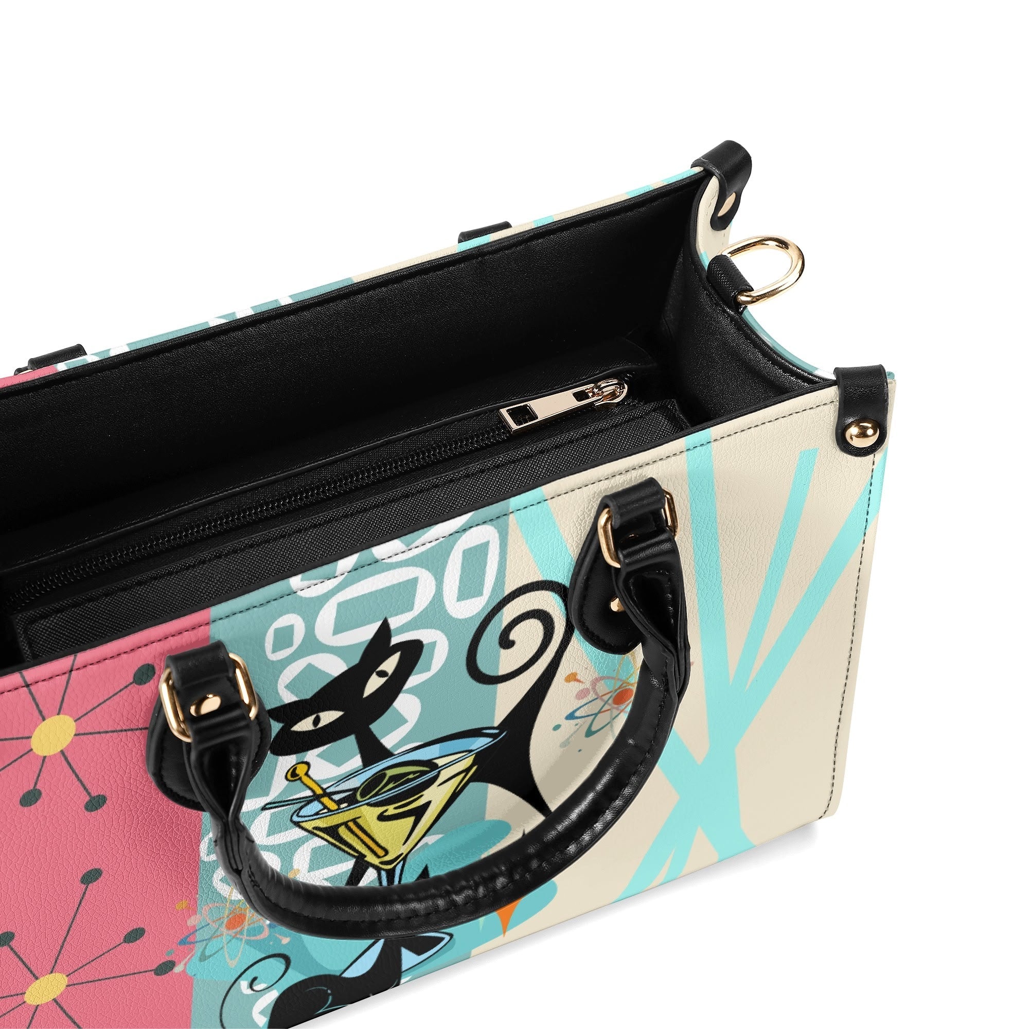 Kate McEnroe New York Atomic Cat Mid Century Modern Martini Satchel, Retro Pink Aqua Mod Starburst Shoulder BagHandbagsY57X9ELW - 1