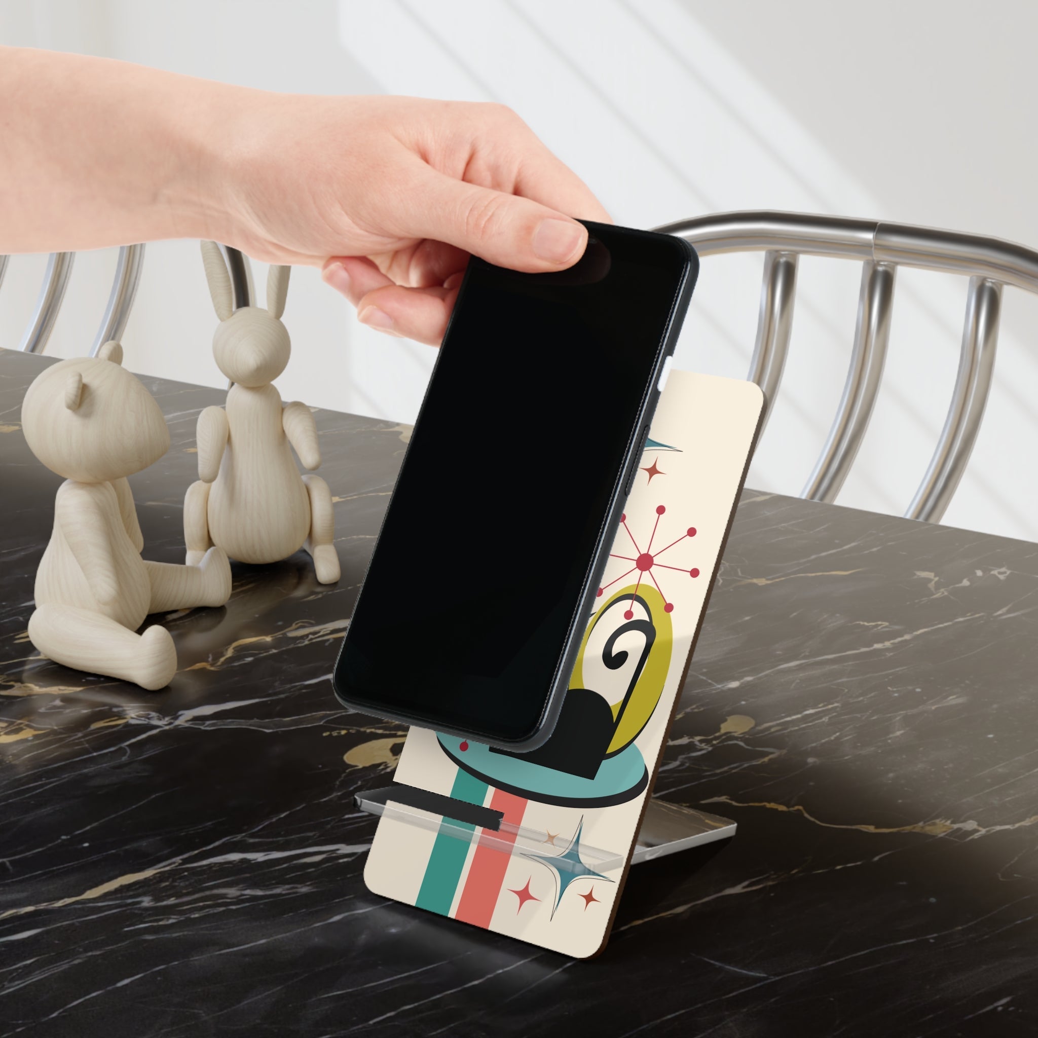 Kate McEnroe New York Atomic Cat Mid Century Modern Phone Stand, Retro Boomerang Starburst Smartphone Holder, 50s MCM Desk AccessoryMobile Phone Stands10707520182333857884