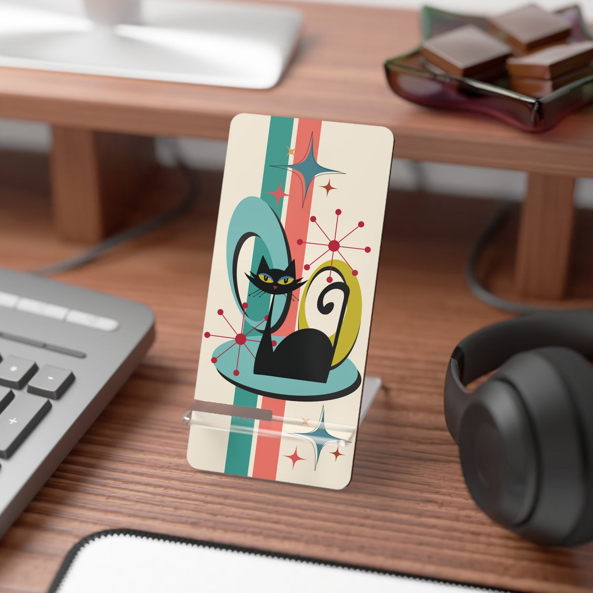 Kate McEnroe New York Atomic Cat Mid Century Modern Phone Stand, Retro Boomerang Starburst Smartphone Holder, 50s MCM Desk AccessoryMobile Phone Stands10707520182333857884
