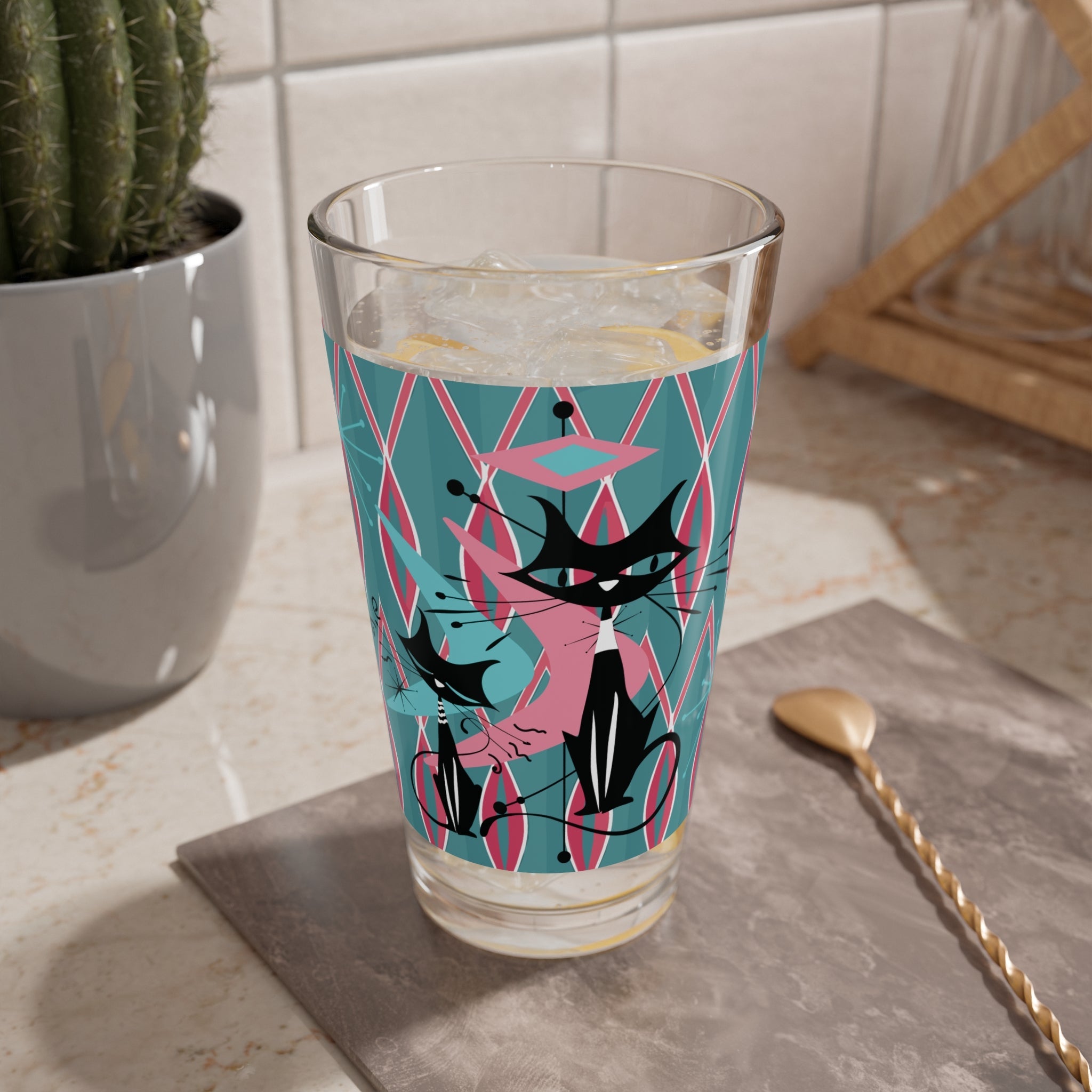 Kate McEnroe New York Atomic Cat Mid Century Modern Pint Glass, Retro Geometric Barware, 50s Kitsch Cocktail Glass, MCM Atomic Age DrinkwarePint Glasses22325354165642714358